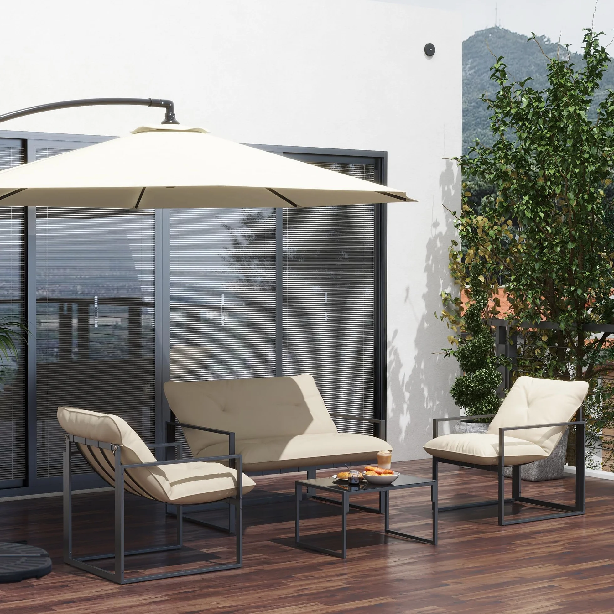Outsunny Salon de Jardin 4 pièces Coussins Ultra-épais 15cm Ensemble mobilier Bas pour terrasse Canapé 2 Places Table Basse 2 Fauteuils Cadre Acier Noir