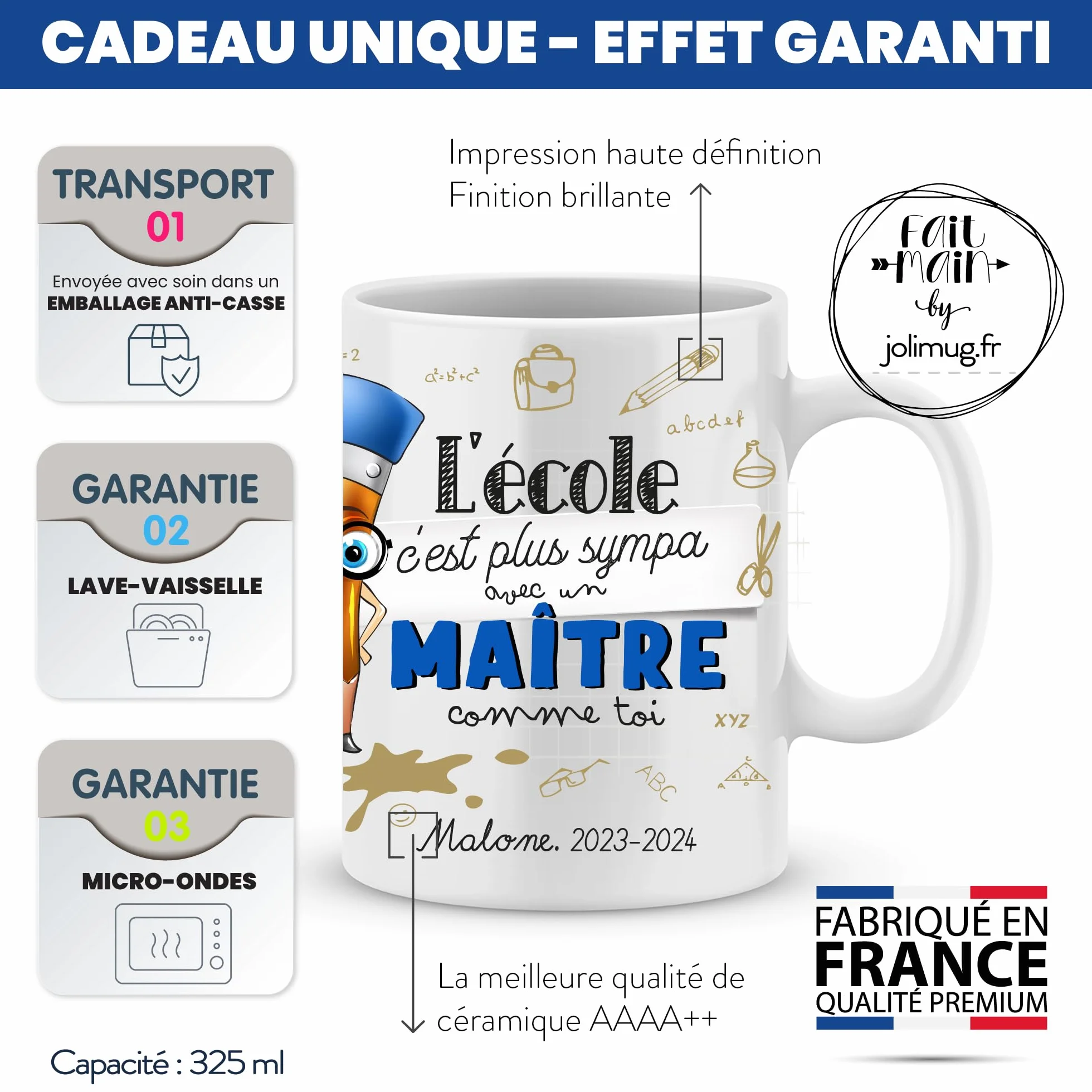Mug personnalisé maître école fin d'année scolaire céramique blanc prénom imprimé fabrication française