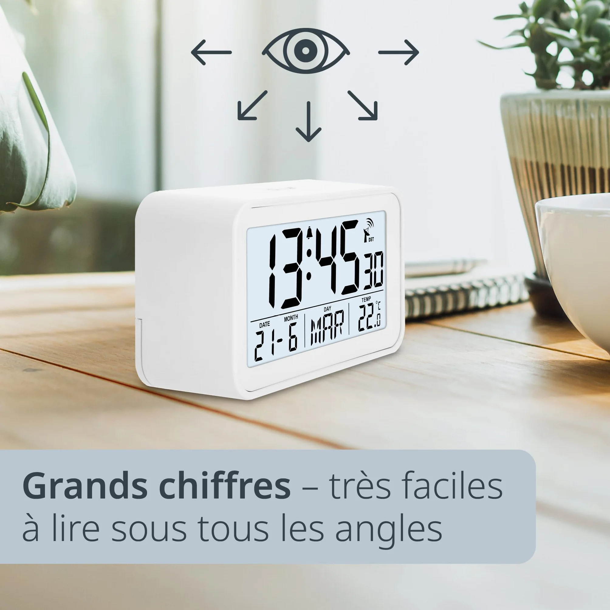 ADE Reveil Matin Radio pilotée Horloge numérique Voyage Affichage température Date Blanc Mat avec Pile