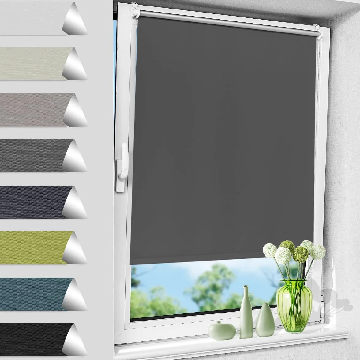 Enrouleur Occultant Thermique sans Perçage 40x170 cm Rideau Opaque Isolant Gris Foncé