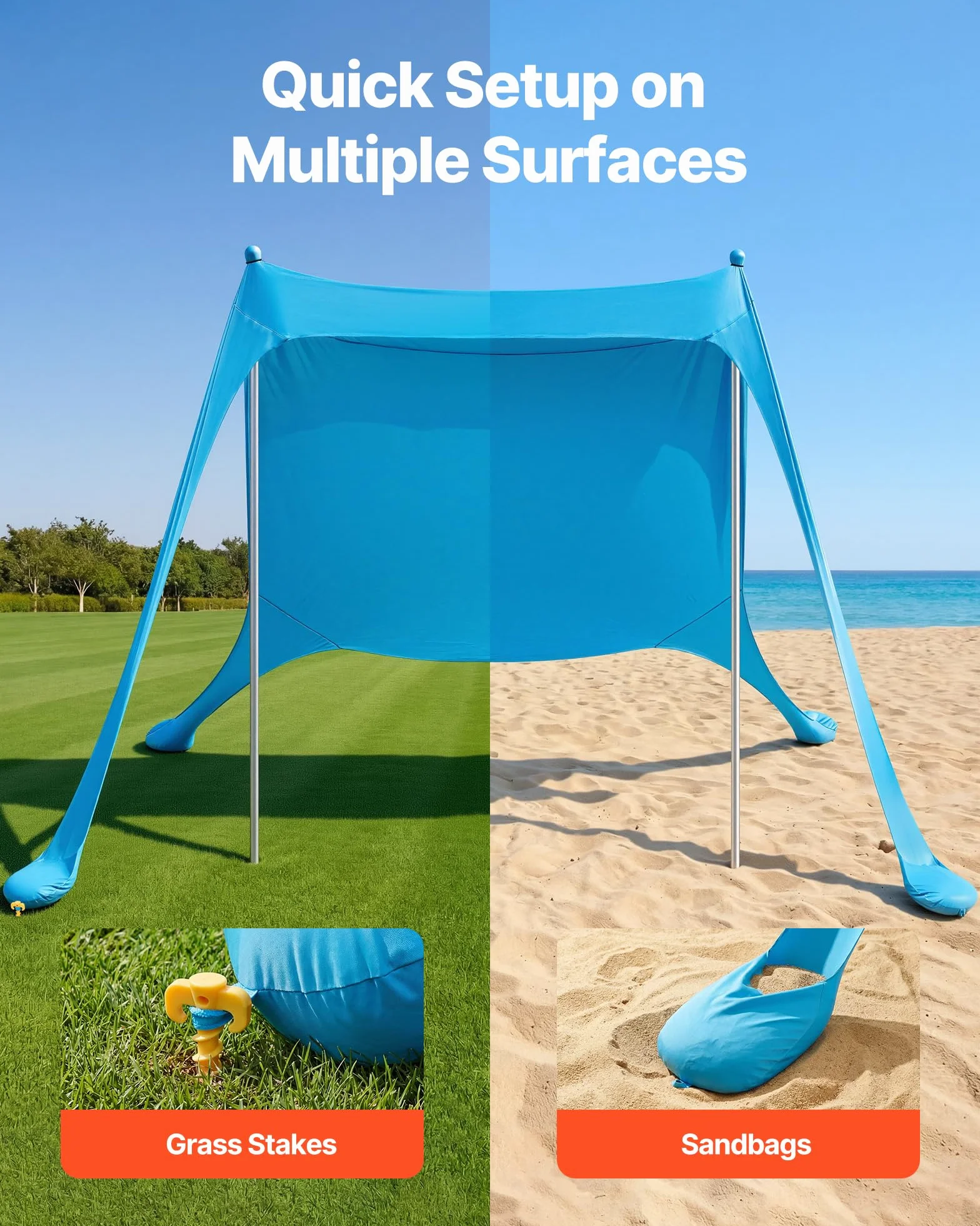 VEVOR Tente de Plage de 2,3x2,3x2 m, Abri Soleil UPF50+, Pare-Soleil Extérieur pour Plage Parc Camping et Pêche, Auvent Protection UV avec Sacs de Sable, Poteaux de Soutien et Pelles à Sable, Bleu