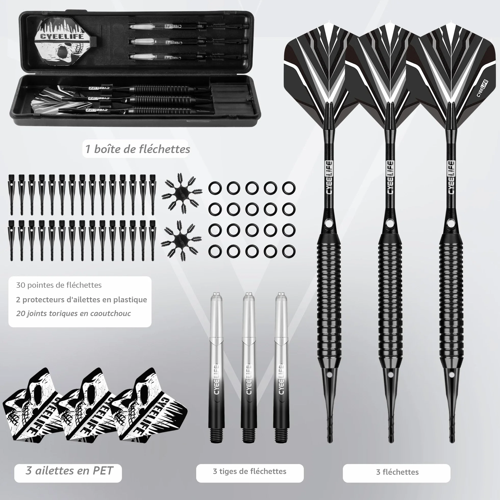 CyeeLife Jeu de fléchettes à pointe souple avec fût en laiton, fléchettes professionnelles à pointe plastique, tiges en aluminium/PC + 6 ailettes + 30 pointes souples + 20 joints toriques + 2