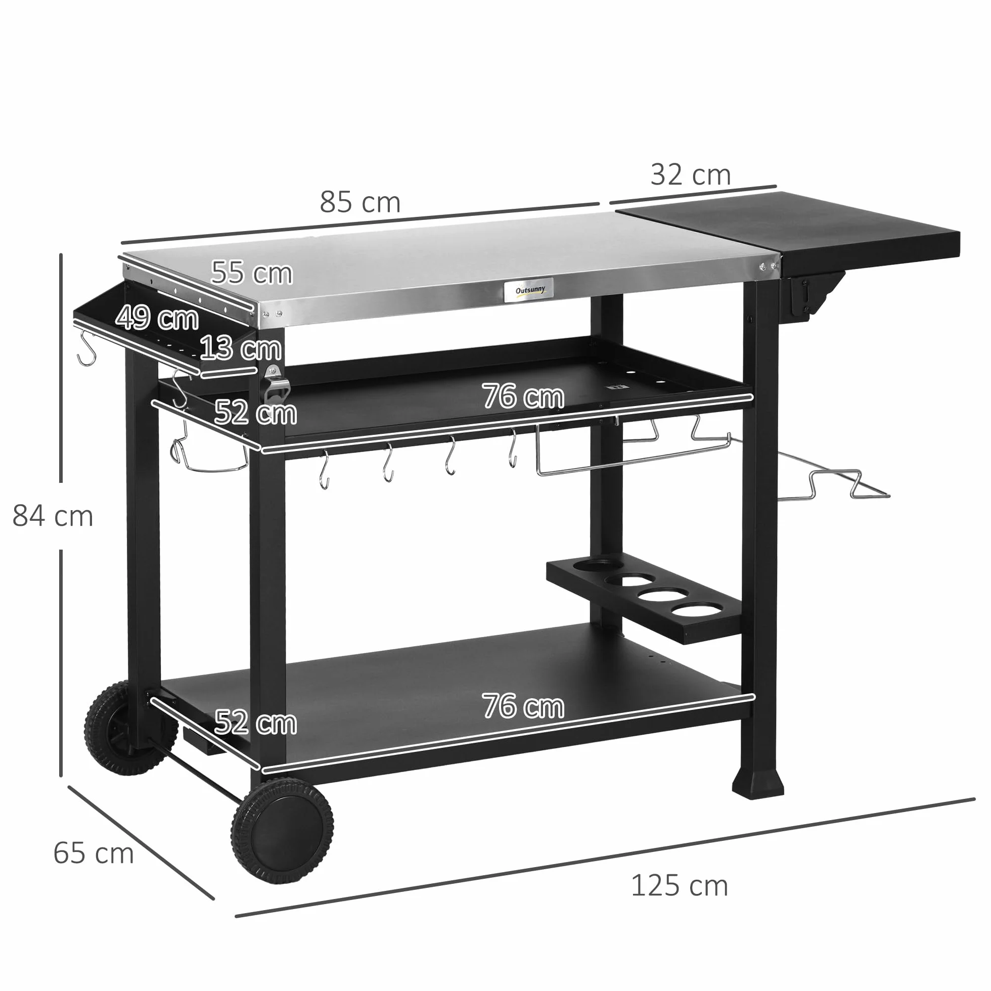 Outsunny Chariot Desserte Barbecue Plancha INOX 3 Étages 6 Crochets Tablette Rabattable 2 Roulettes