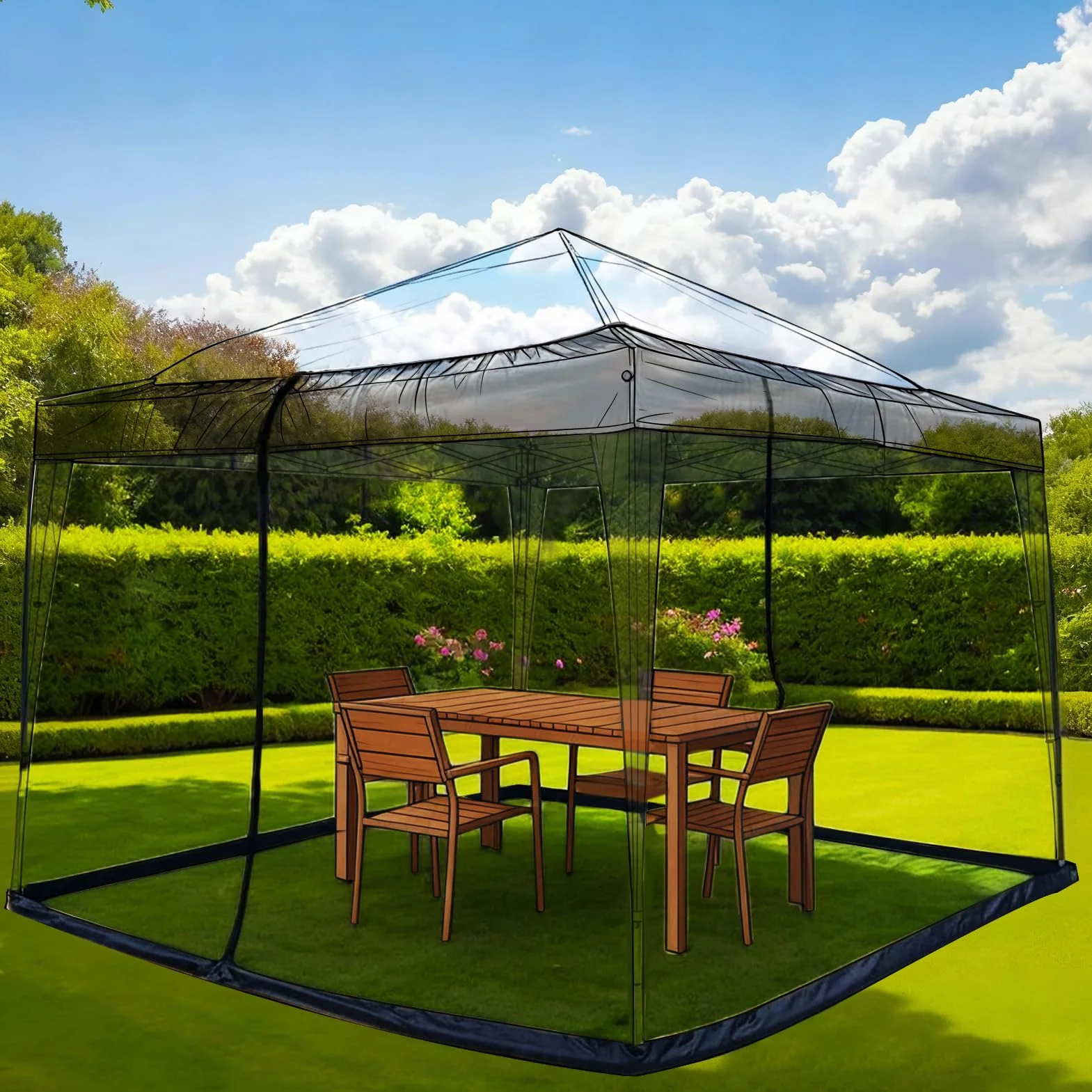 Moustiquaire pour pavillon 3x3m, filet anti-insectes zippé, pergola réglable, mailles fines, extérieur, noir, 300x300