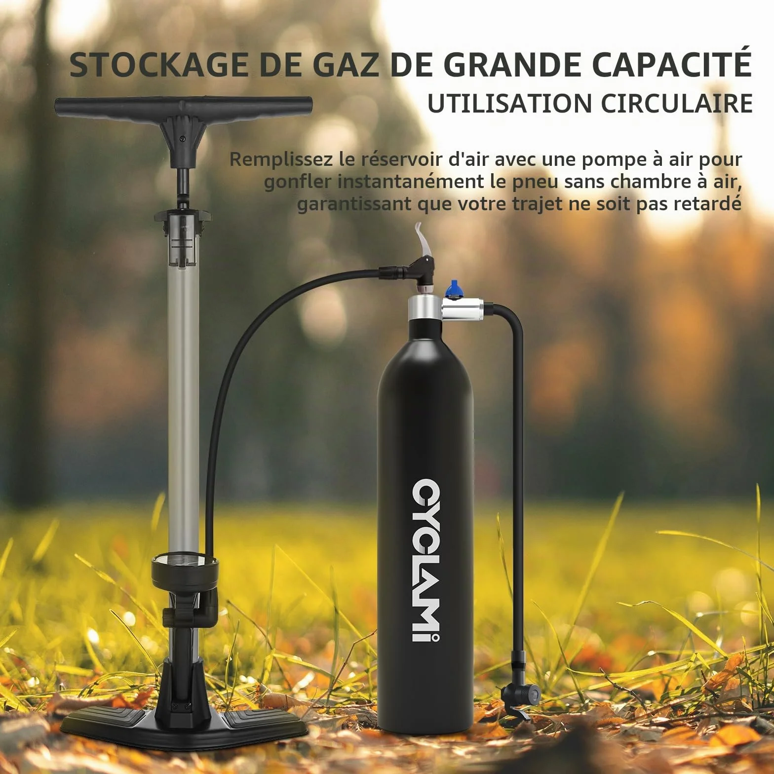 Pompe Compresseur Gonfleur Tubeless 1.3 litres, Gonfleur de Pneus - Pompe à Air pour Vélo de Route et de Montagne avec AV/FV