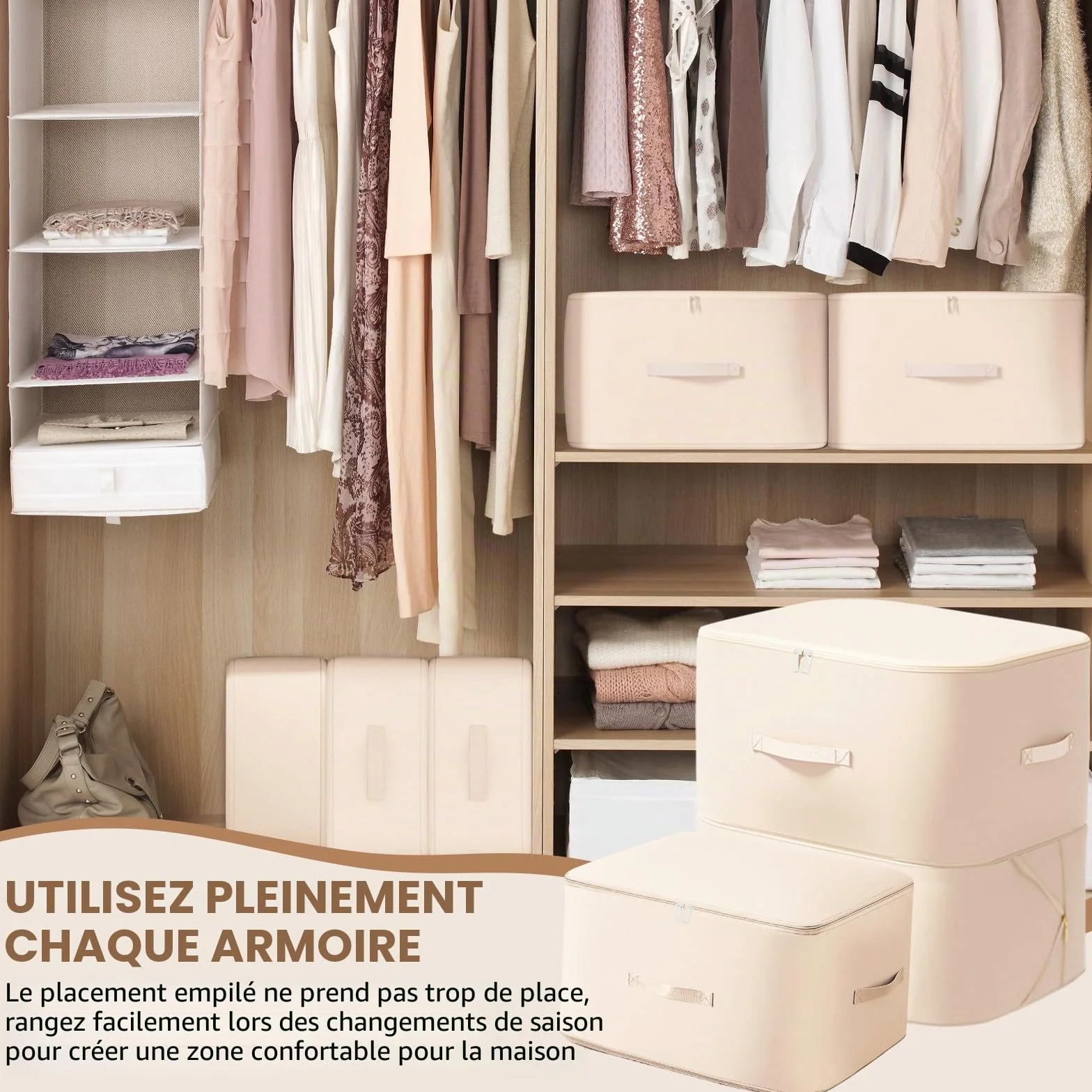 Lot de 2 Organisateur Auto-compression Ultra Peu Encombrants, Sacs de Rangement pour Couettes, Sac de Compression Voyage Empilable, Grand Sac de Rangement Mobiles pour Couvertures(Beige,52x42x60CM)