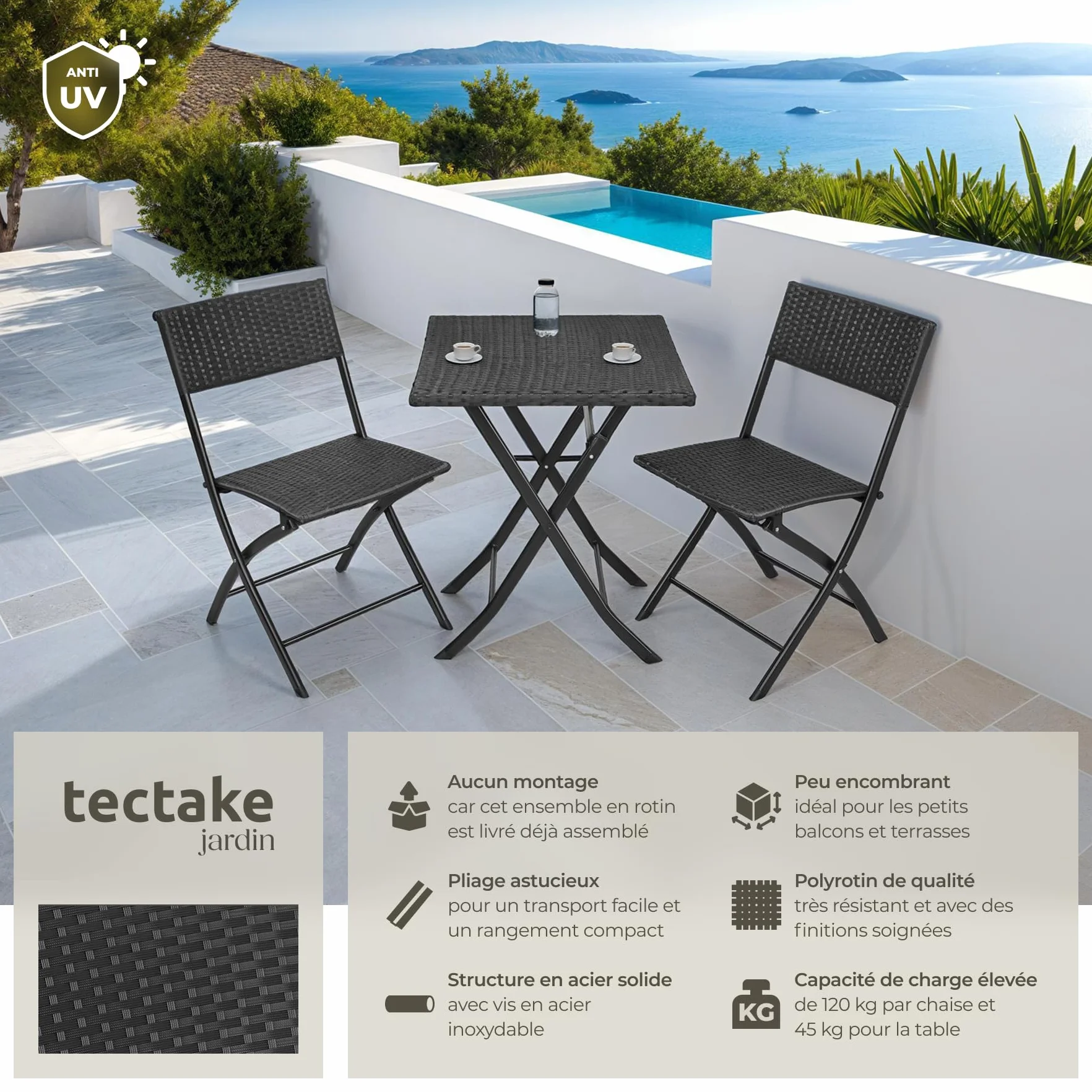 Tectake Salon de Jardin Poly Rotin Pliant pour 2 Personnes - Ensemble Chaise et Table