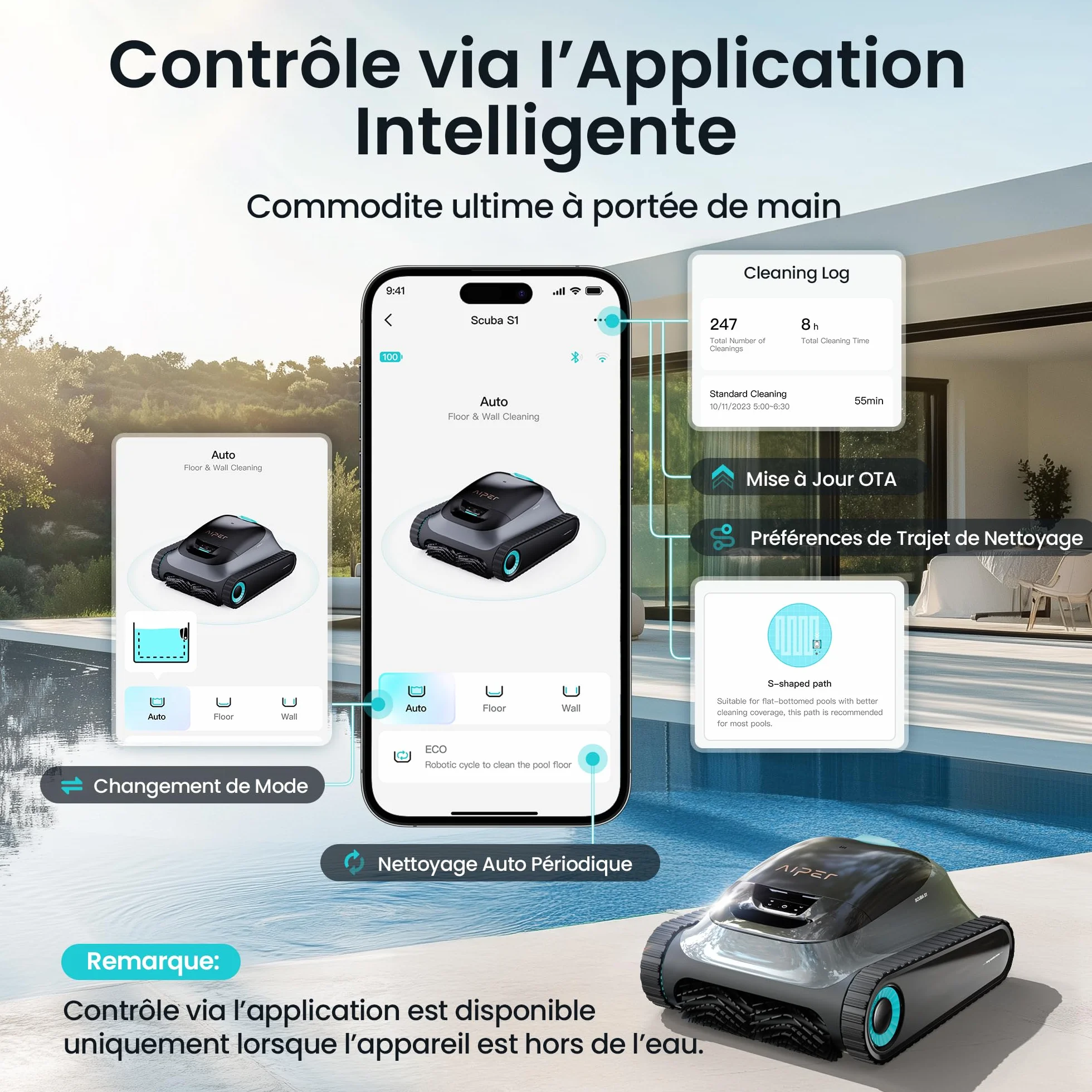 Aiper Scuba S1 Robot Piscine, Autonomie 270 Min, Filtration Ultra-Fine, Nettoyage Fond/Parois/Ligne d’Eau, Navigation 11 Capteurs