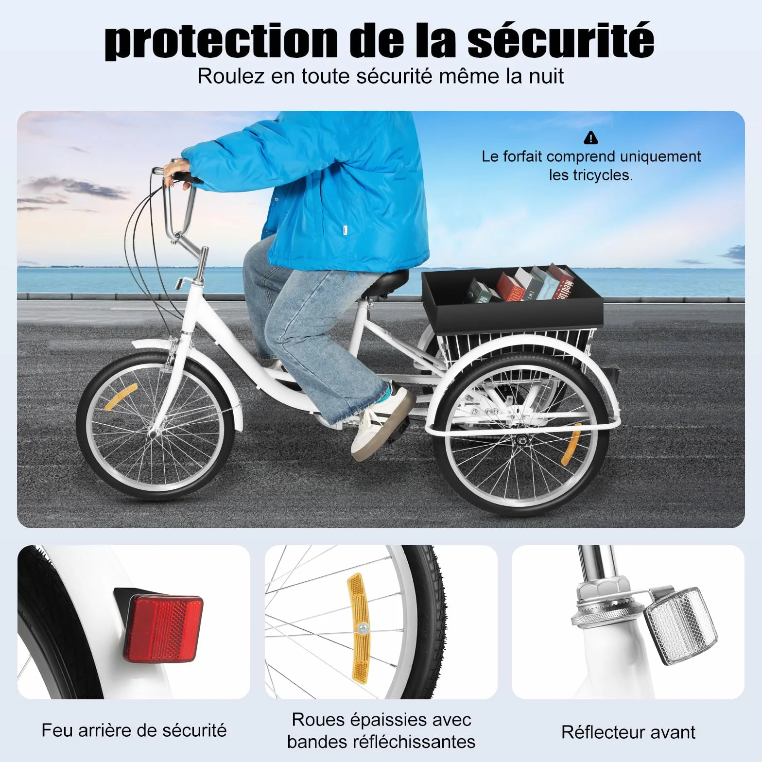 Tricycle de 20 pouces pour adultes, 3 roues 8 vitesses avec panier pliable, tricycle réglable pour seniors, croisière, vélo de ville