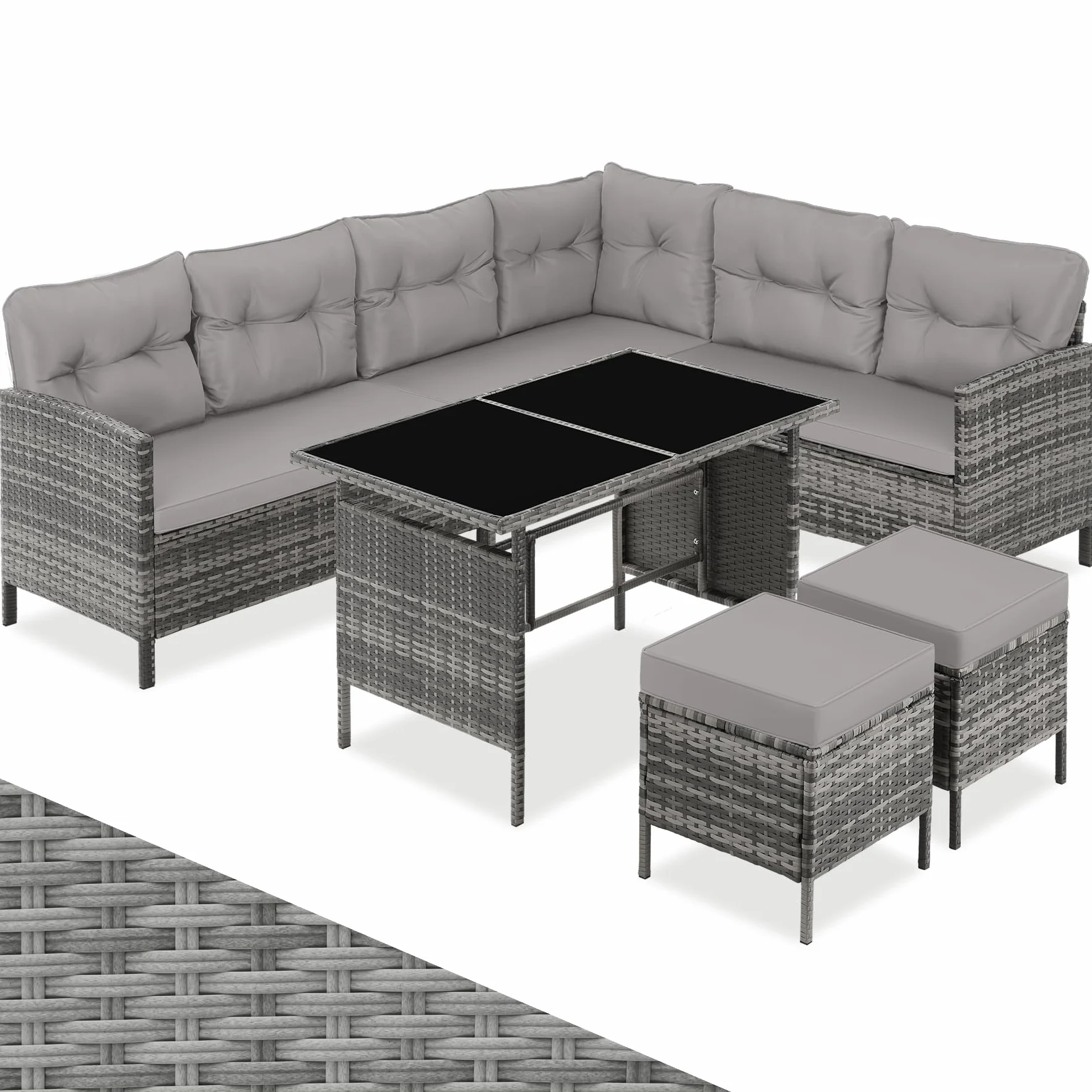 tectake Salon de Jardin Exterieur Rotin Modulable Canape Angle Table Verre 2 Tabouret Pouf Coussins Inclus