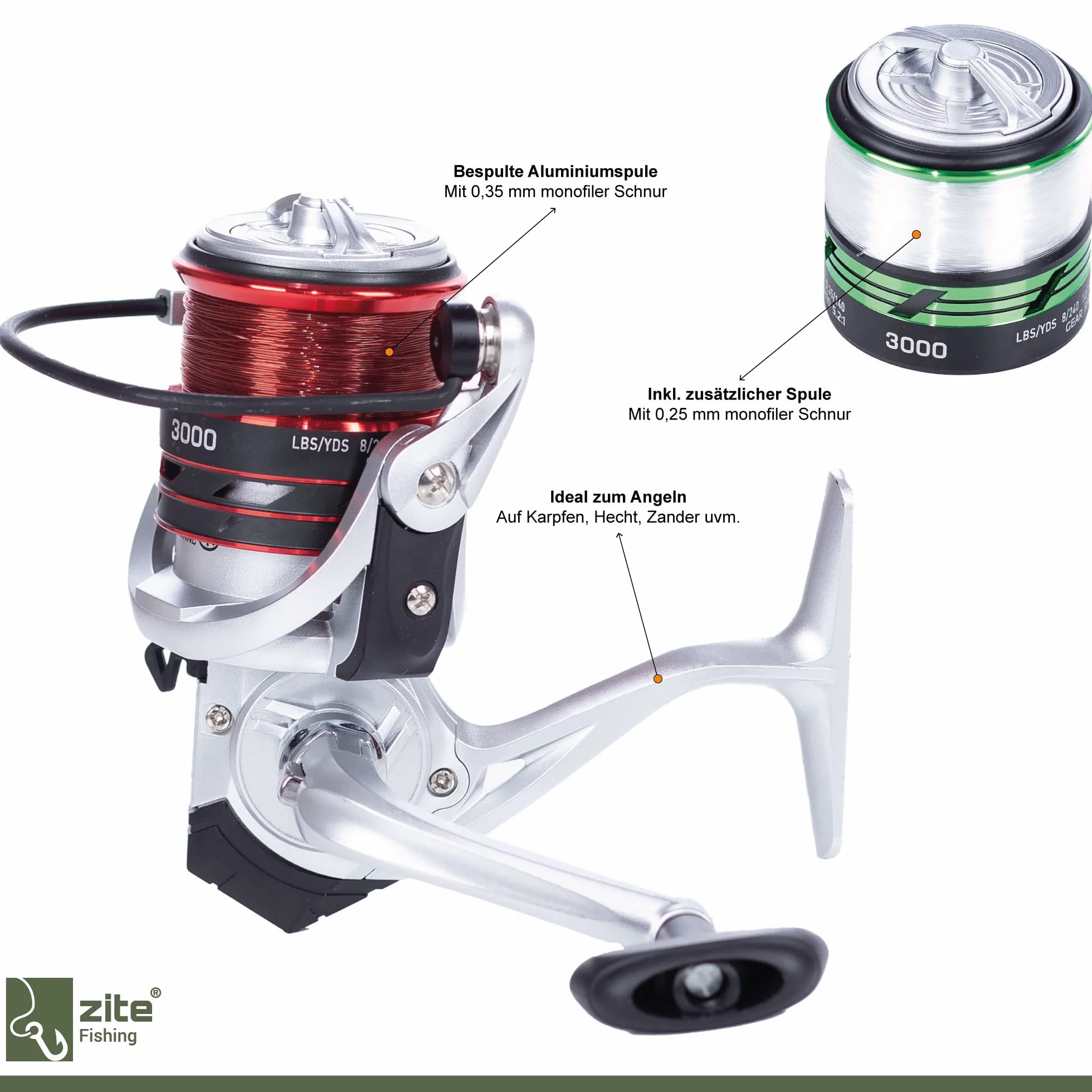 Zite Fishing Feeder Kit de pêche | Canne à pêche feeder 3,30 m 20–120 g | Idéal pour la pêche à la mangeoire | Moulinet polyvalent bobiné 3000 3BB | 2 bobines en aluminium