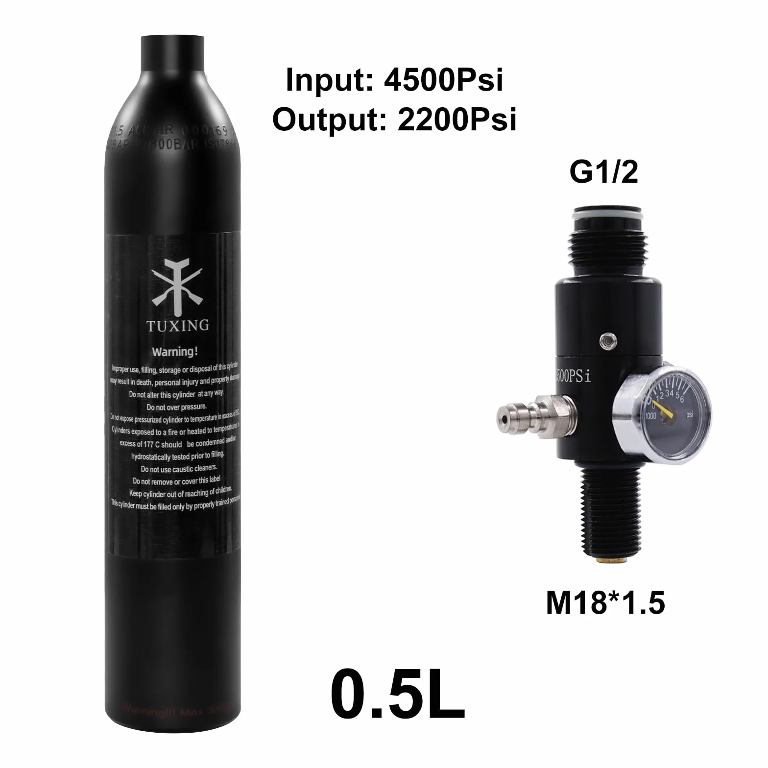TUXING Réservoir de paintball PCP 4500 PSI, 0,5 L, certifié CE, bouteille en aluminium avec régulateur de paintball, valve régulatrice, manomètre, pression de sortie : 2200 psi-M18 x 1,5