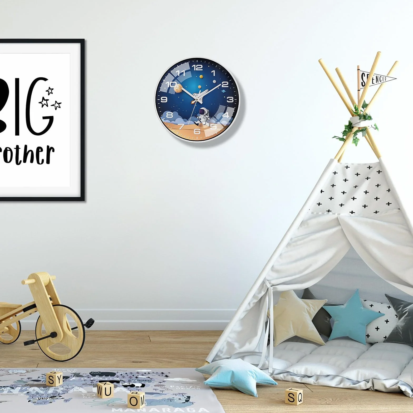 Horloge Murale Enfants 30cm Silencieuse Astronaute Ronde Chambre