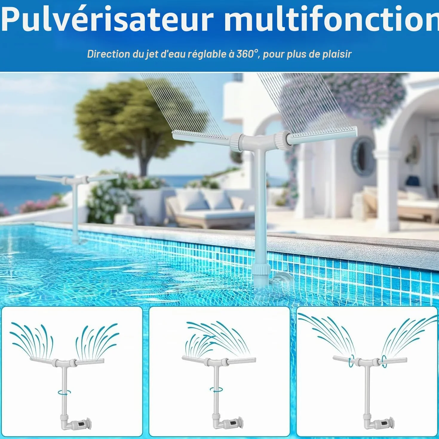 Fontaine de piscine cascade à double buse réglable pour piscines hors sol et encastrées Blanc