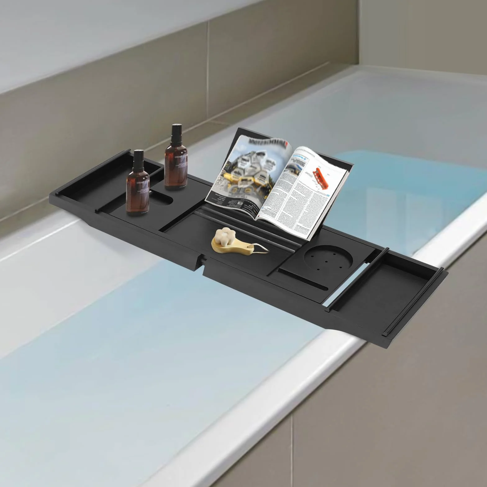 Bambou Plateau de baignoire extensible 75-111 cm noir avec porte-gobelet support tablette réglable