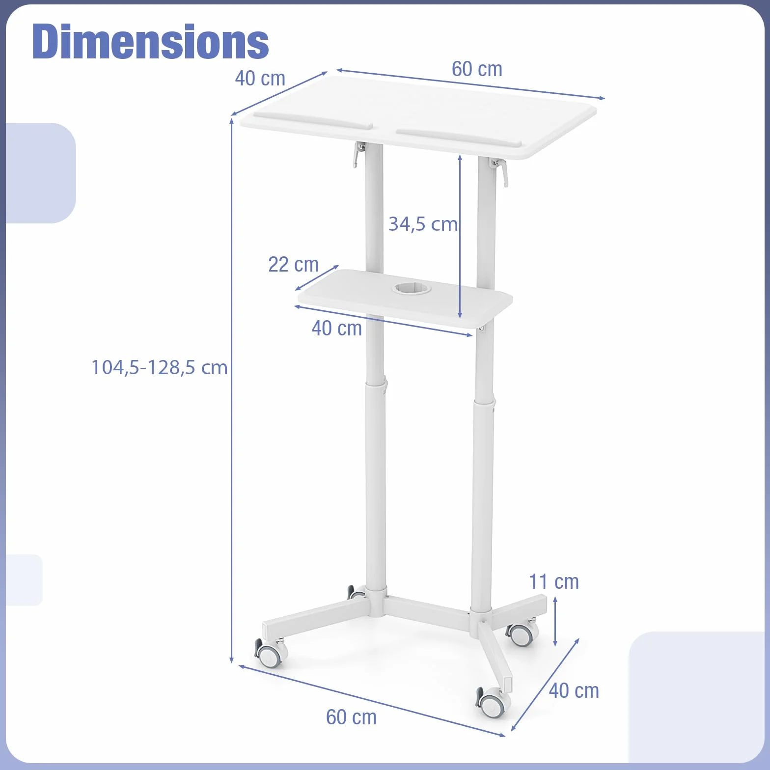 GYMAX Pupitre Mobile avec Roulettes Verrouillables, Hauteur Réglable 104-128cm, Plateau Inclinable Bureau Assis-Debout (Blanc)