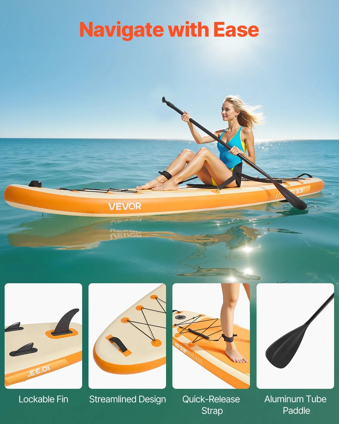 VEVOR Paddle gonflable avec siège, 304,8 x 83,8 x 15,2 cm, planche à pagaie debout sup ultra-légère avec accessoires, pompe, pagaie, aileron, sac à dos, laisse de cheville, sangle, pour jeunes adultes