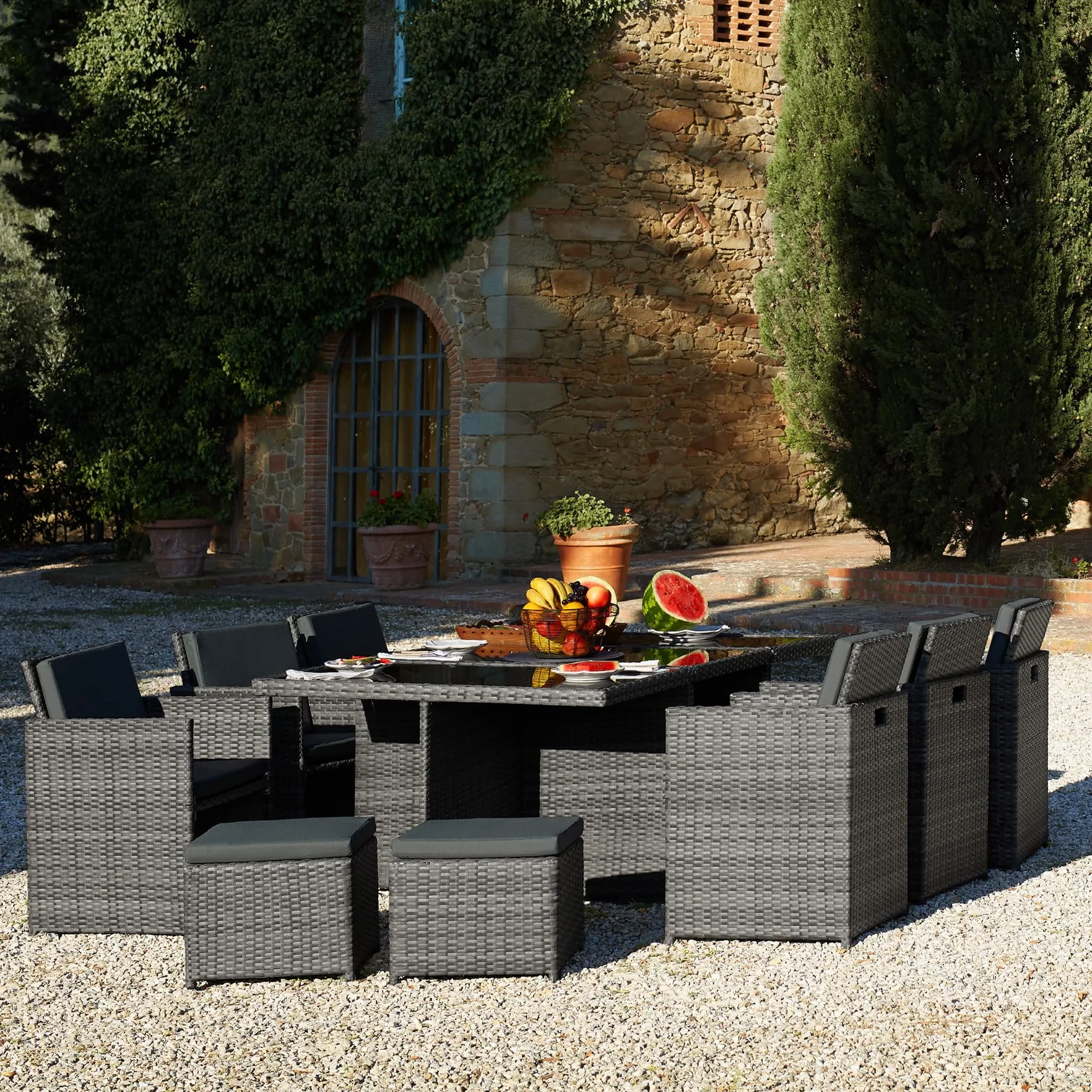 Tectake Salon de Jardin Résine Tressée Poly Rotin Table 10 Personnes Fauteuil Aluminium Encastrable Gris avec Housses