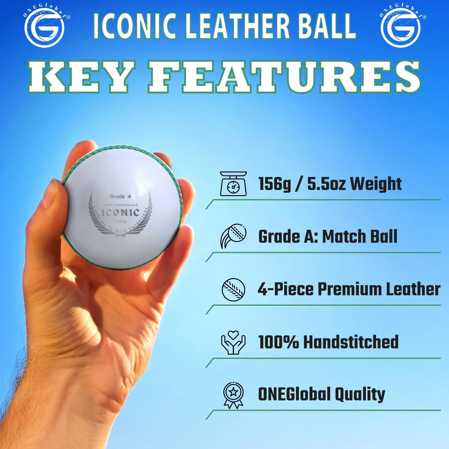 Balle de cricket emblématique en cuir | 100 % cousue à la main, 156 g – 5,5 oz, construction imperméable en 4 pièces | Balles de cricket rigides de qualité assortie