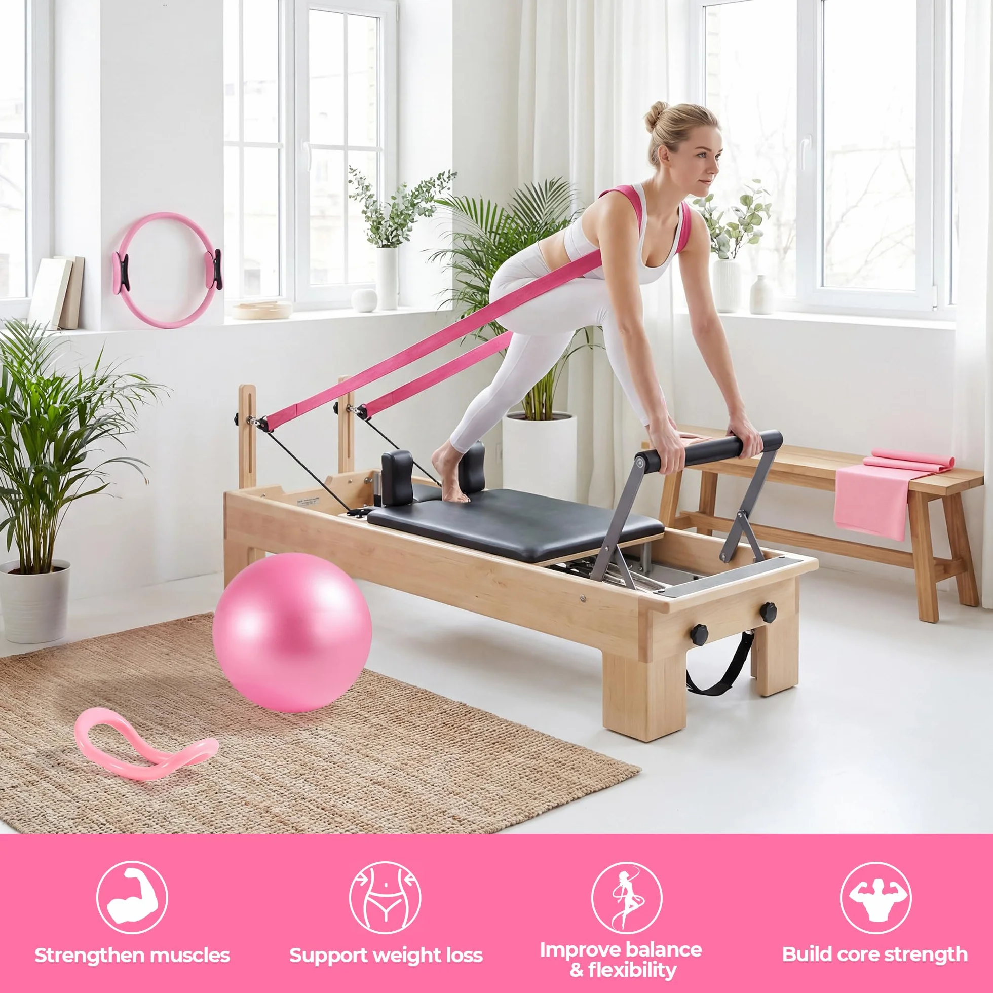 Kit Pilates Maison 5 Pièces pour Femme, Pilates Accessoires avec Pilates Circle Essentials et Balle de Pilates Anneau et Bandes de Résistance, Kit Pilate pour Tonifier Les Cuisses, Les Abdominaux