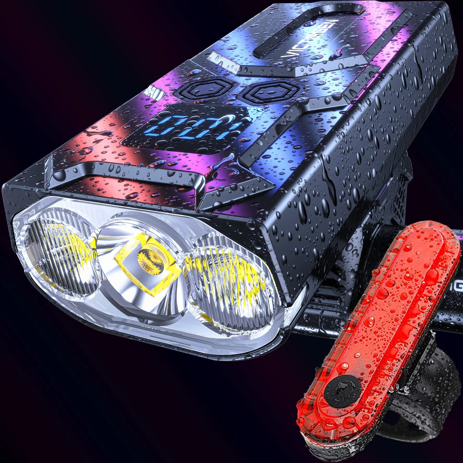VICTAGEN Lumières de vélo 8000 lumens, phares 3LED, lumières Super Lumineuses avec Feux de Route et Feux de Croisement, phares typec Rechargeables