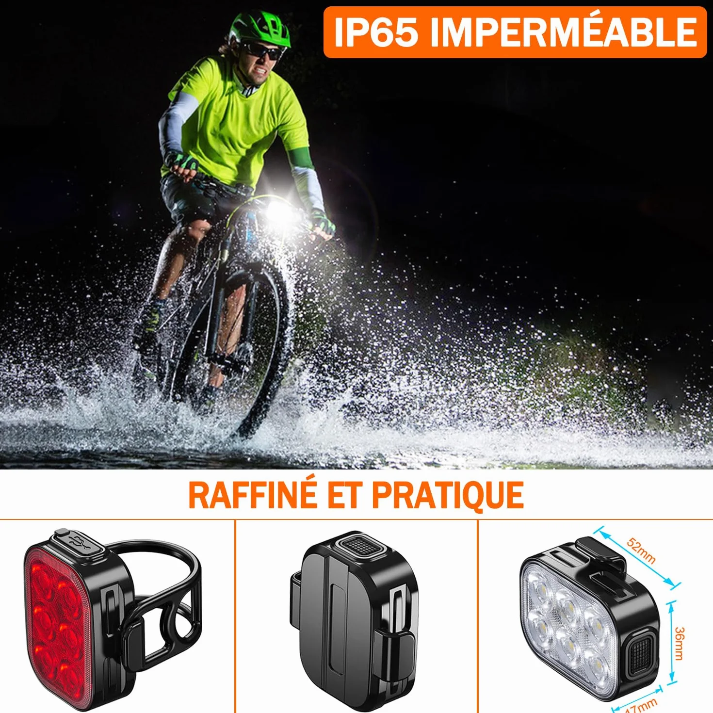 Lumiere Velo，Feux Avant et Arrière de Vélo, IP65 Imperméable à l'eau USB Rechargeable, Équipé de 6 Perles de Lumière LED Super Lumineux, 4 + 6 Modes D'éclairage, Adapté pour la Conduite de Nuit.