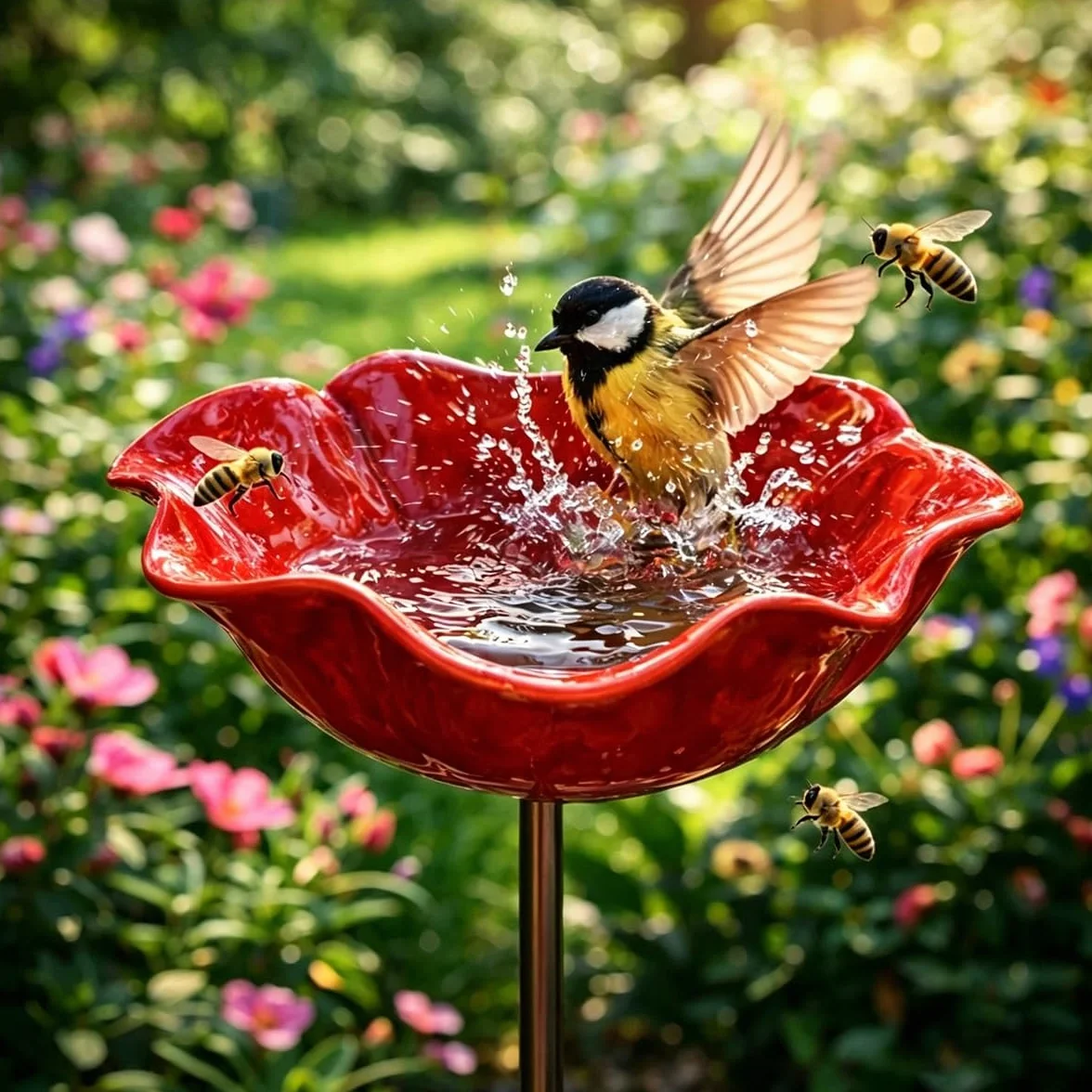 Jardinière de Jardin en Métal Faite à la Main, Bassin pour Oiseaux et Fleurs d'Extérieur, Décoration pour Pelouse, Cour et Jardin (Rose Rouge)