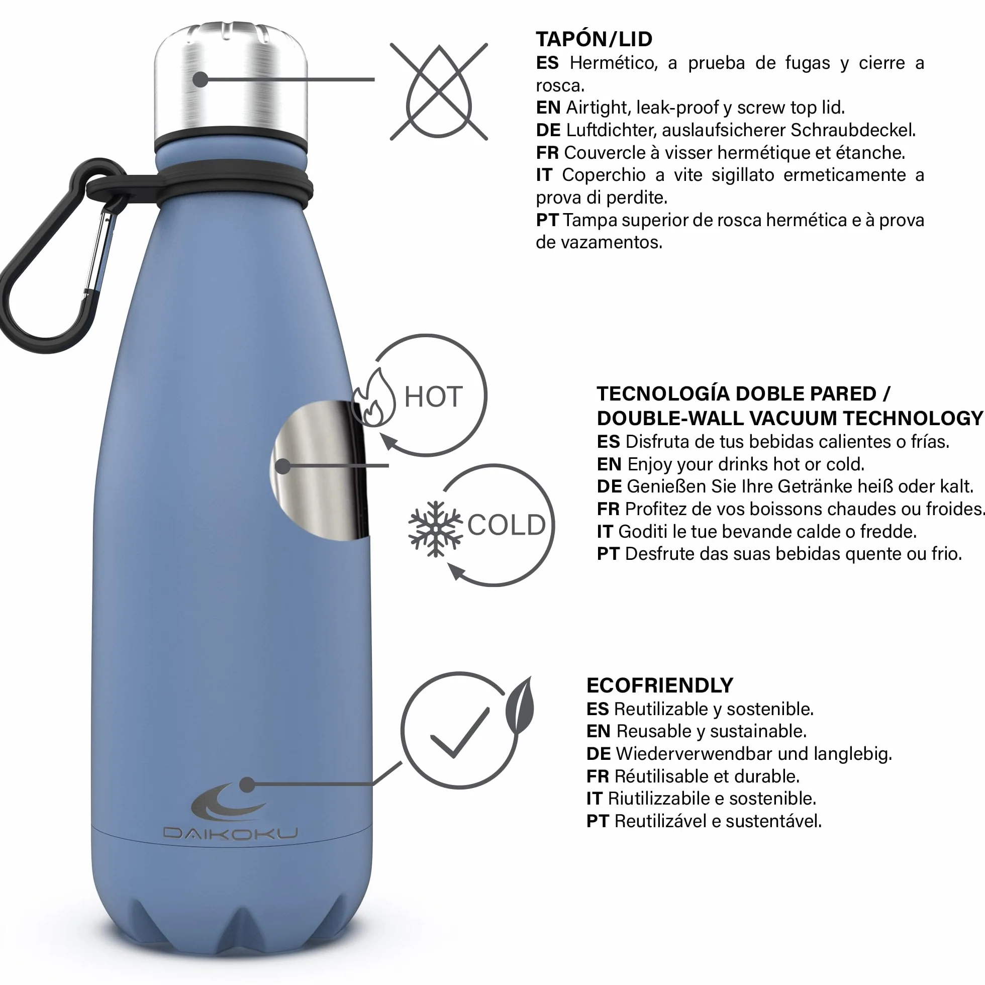Daikoku - Bouteille Thermique en Acier Inoxydable 350 ML | Boissons Chaudes Pendant 12 Heures et Froides Pendant 24 Heures | Sûre et Saine | Idéale pour la Randonnée, Le Gymnase, Le Bureau | Bleu