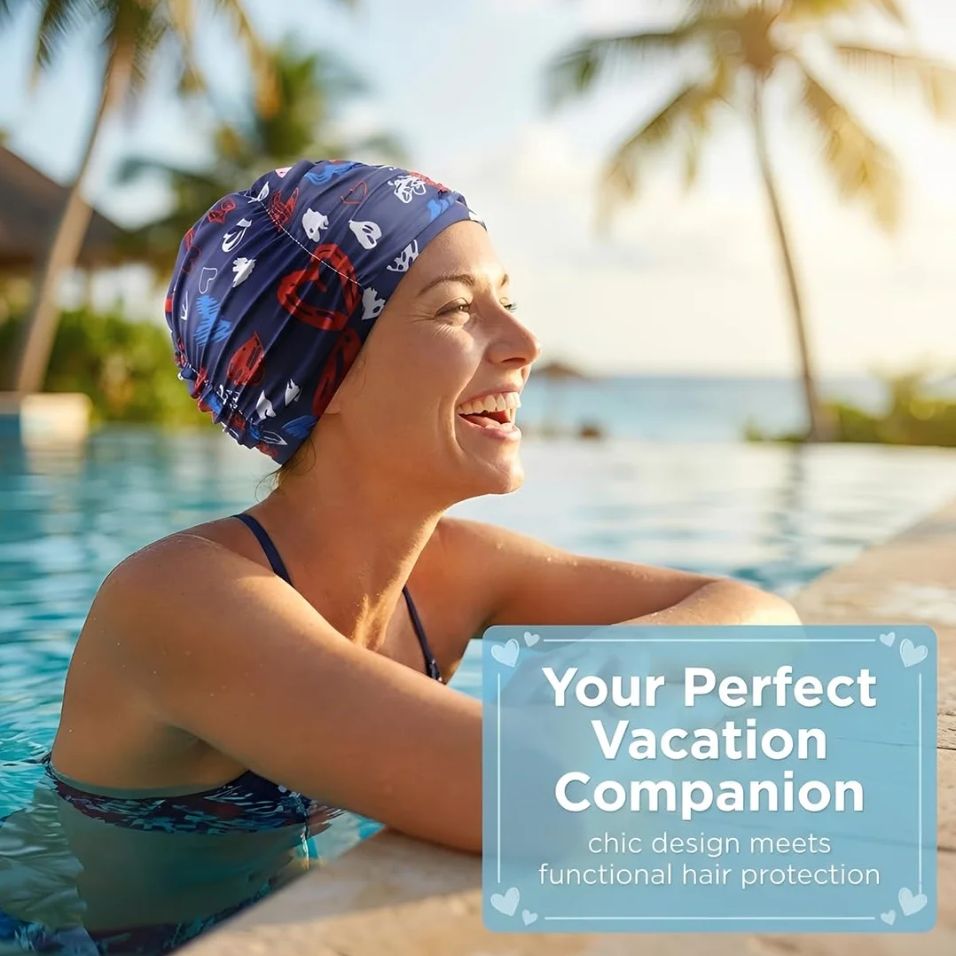 Bonnet de Bain Nylon à Motifs Cœurs, Fond Bleu Marine, 1 Pièce