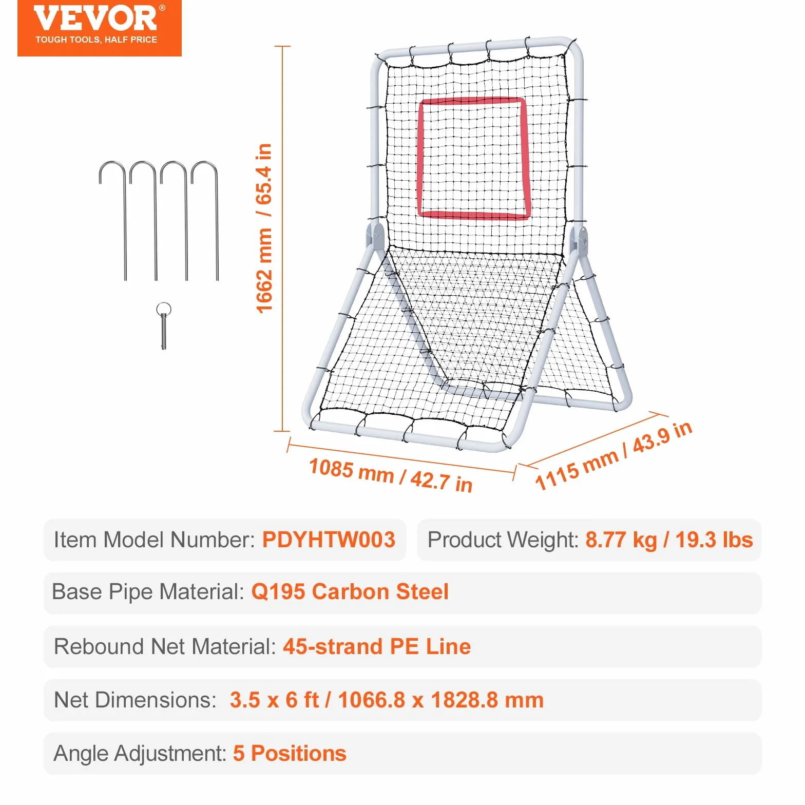 VEVOR Filet de Rebond pour Baseball et Softball, 1066,8 x 1828,8 mm, Filet de Lancement de Baseball, entraîneur de Rebond de Lanceur, 5 Angles réglables, pour la Pratique du Terrain et du Lancer