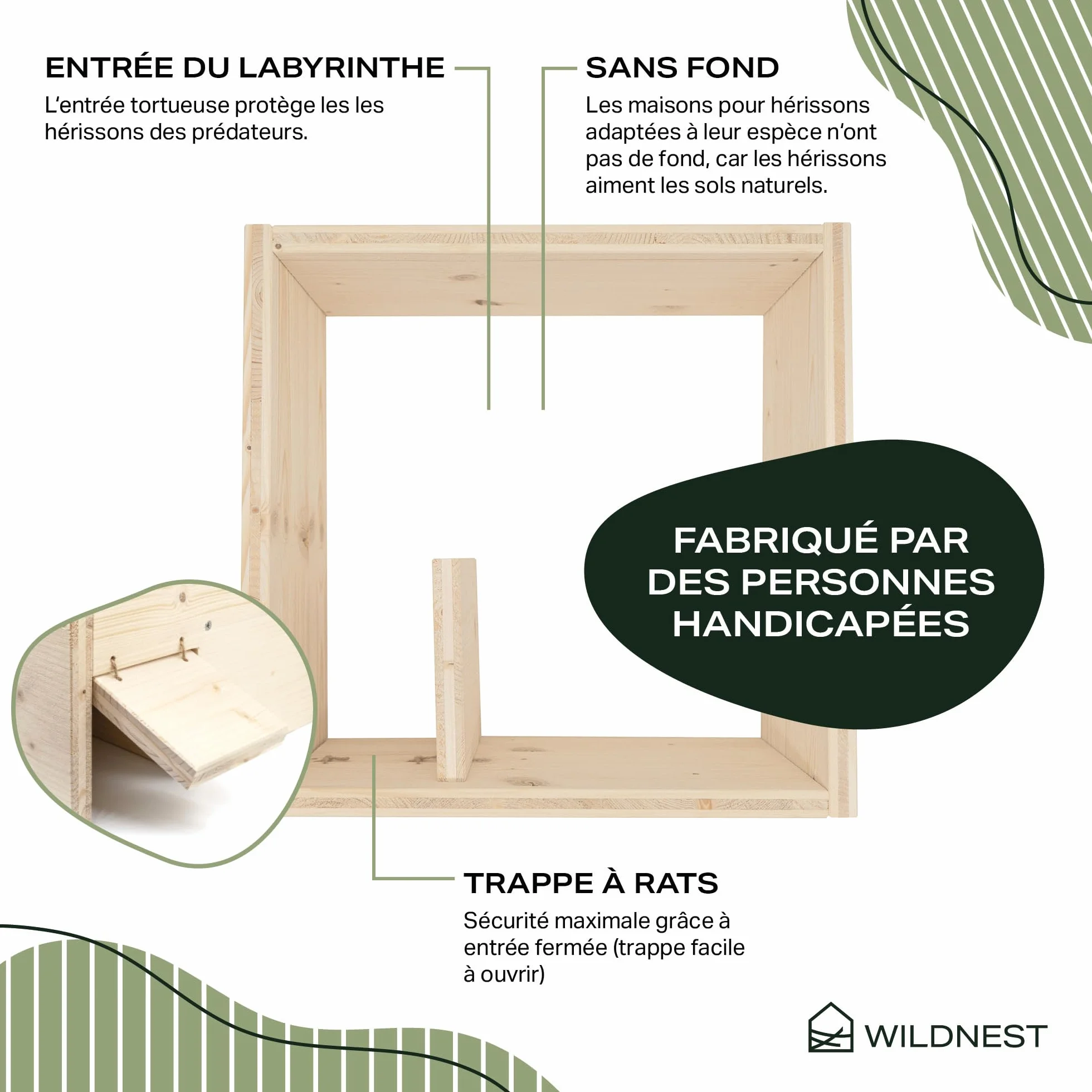Maison pour hérisson XXL 58 x 42 x 32 cm en bois résistante aux intempéries