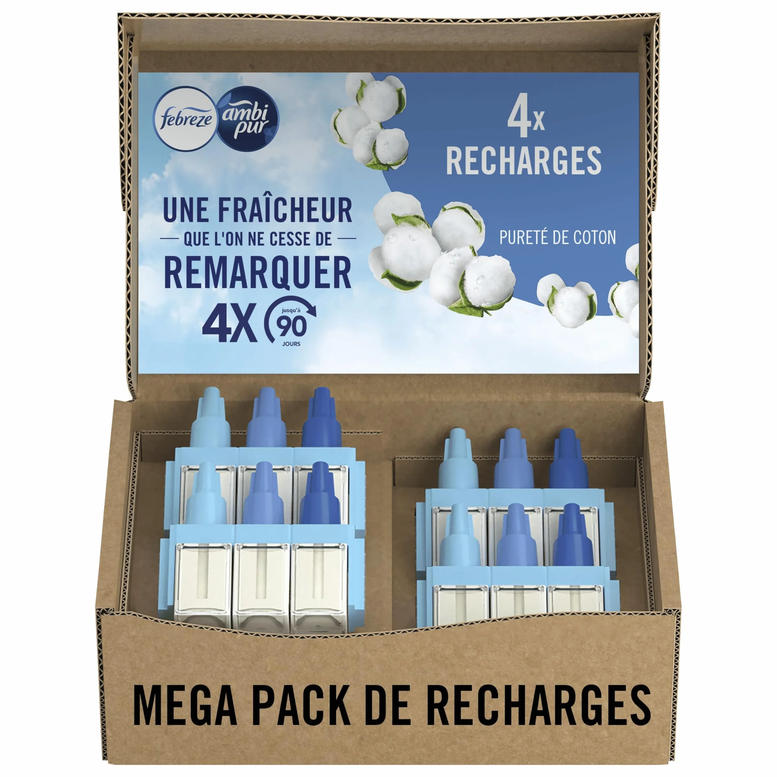 Febreze Désodorisant Électrique Méga Pack 4 Recharges 20ml 3 Parfums Pureté de Coton Fraîcheur 90 Jours