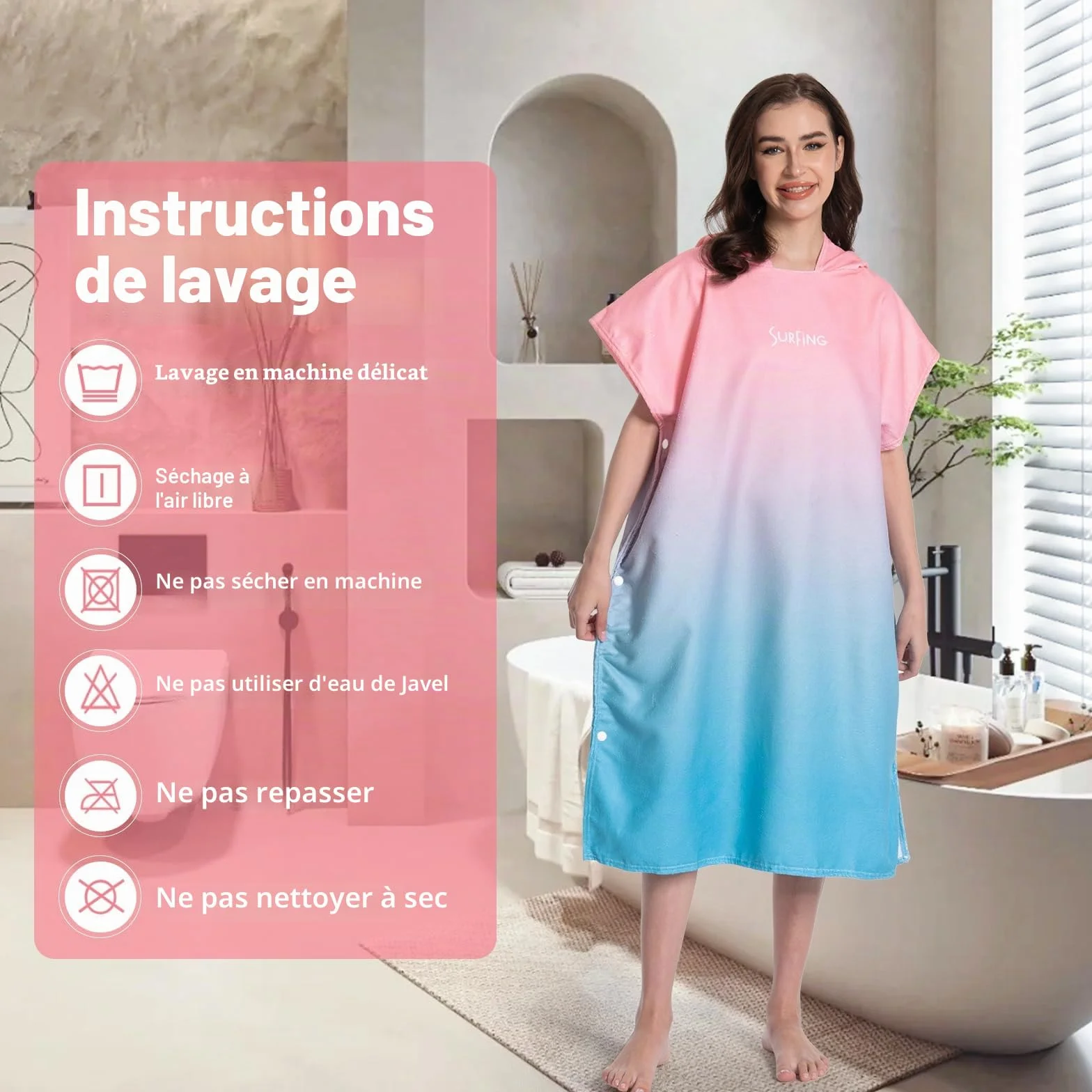 MOKANI Peignoir de bain, Poncho serviette à capuche pour piscine, plage, surf, séchage rapide et léger, poncho éponge pour adultes femmes hommes (avec boutons, 108L x 82l CM)