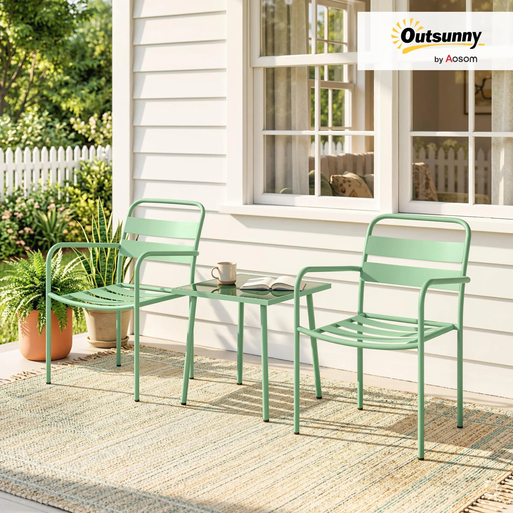 Outsunny Ensemble Bistrot de Jardin 3 Pièces - Table Basse en Verre Trempé et 2 Chaises à Lattes, Acier Galvanisé Antirouille - Mobilier de Jardin Chic, Vert
