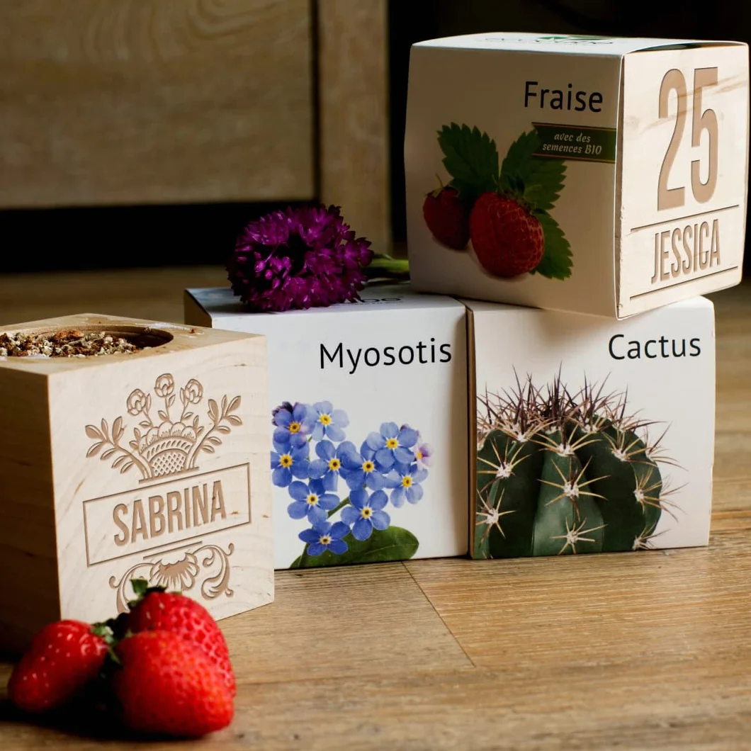 Ecocube gravé Merci Maîtresse Lavande Plantes dans un Cube en Bois Cadeau Durable