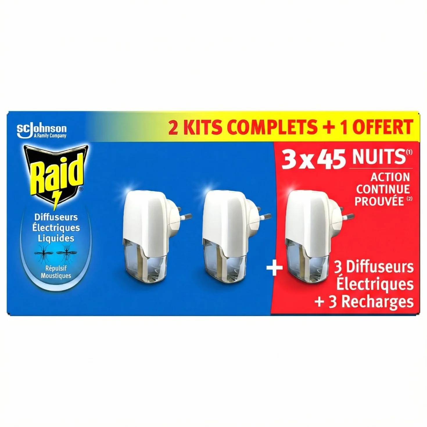 Raid Diffuseur Electrique Liquide Répulsif Moustiques 2 en 1 - 3 Diffuseurs + 3 Recharges, 45 Nuits