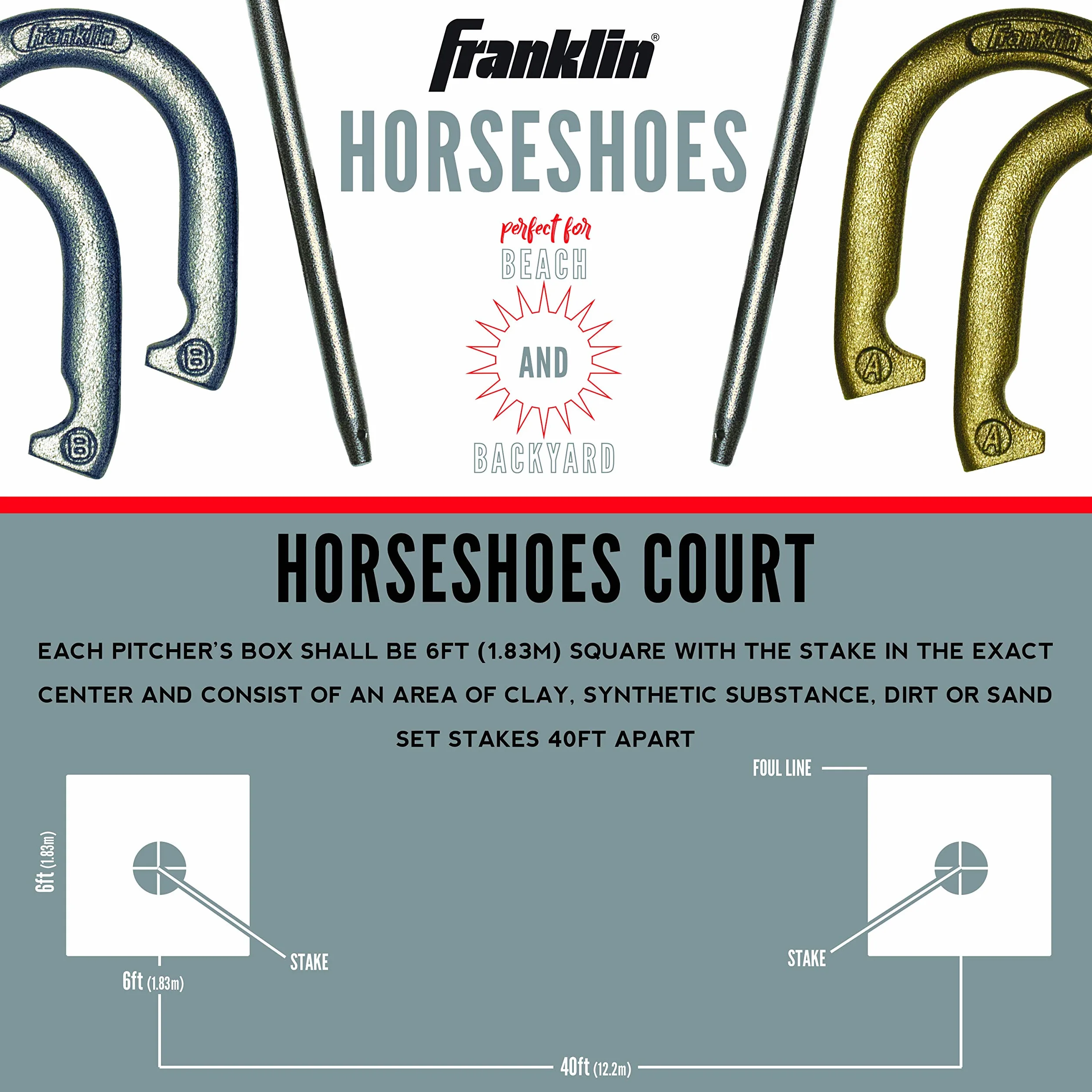 Franklin Sports Ensemble de fers à cheval officiels en acier lesté pour le jeu, pour adultes et enfants, plage, pelouse - 4 fers à cheval et 2 piquets de sol