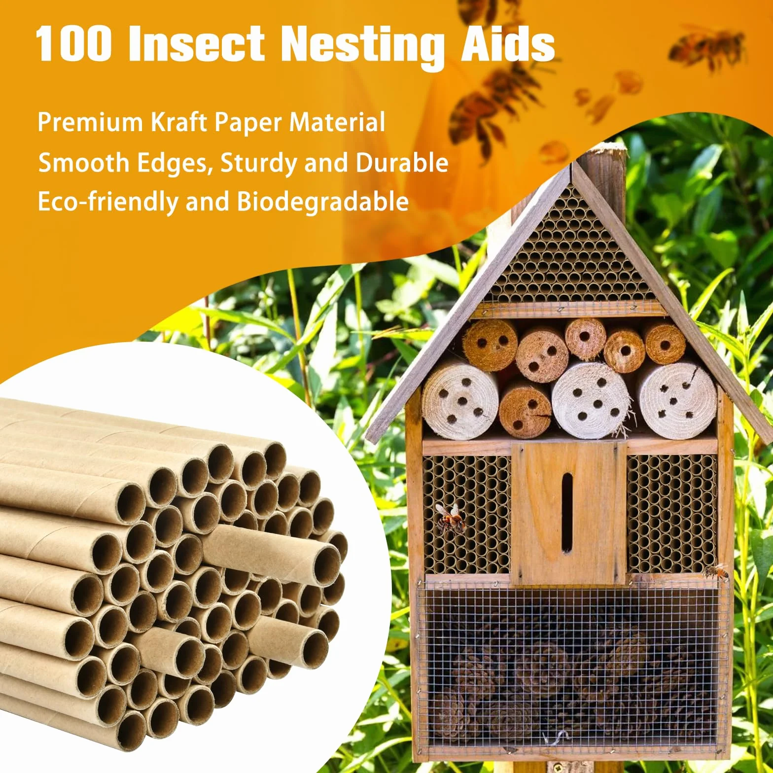 Kit Hôtel à Insectes pour Abeilles Sauvages 100 Pièces 15 cm Tubes de Nidification en Carton