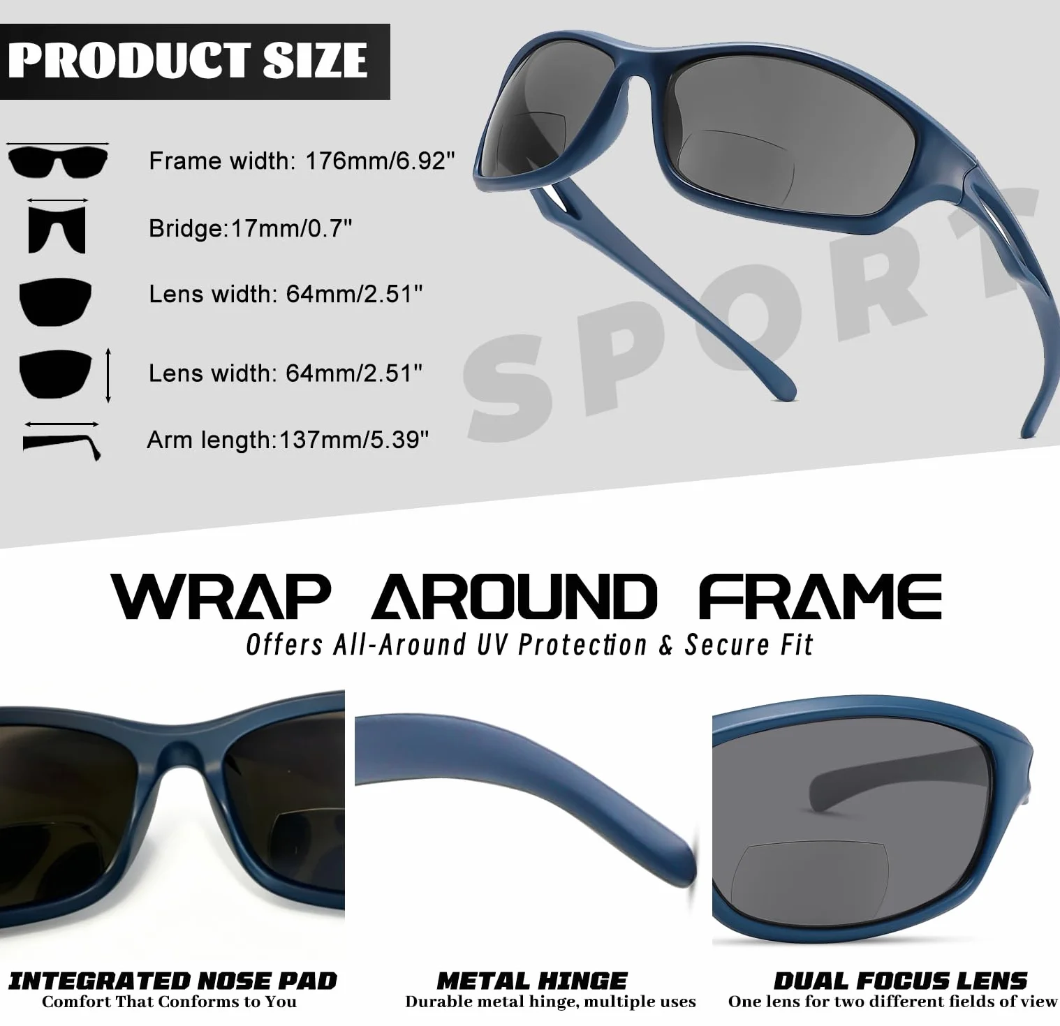 Viseng Lunettes de lecture de soleil bifocales sportives polarisées Protection UV400 pour cyclisme et extérieur Unisexe Homme Femme