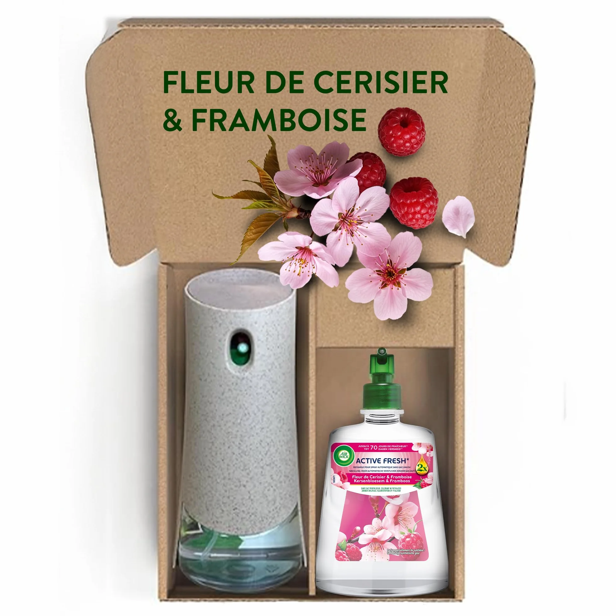 Air Wick Désodorisant Maison Spray Automatique Sans Gaz Active Fresh 1 Diffuseur 2 Recharges Fleur de Cerisier Framboise