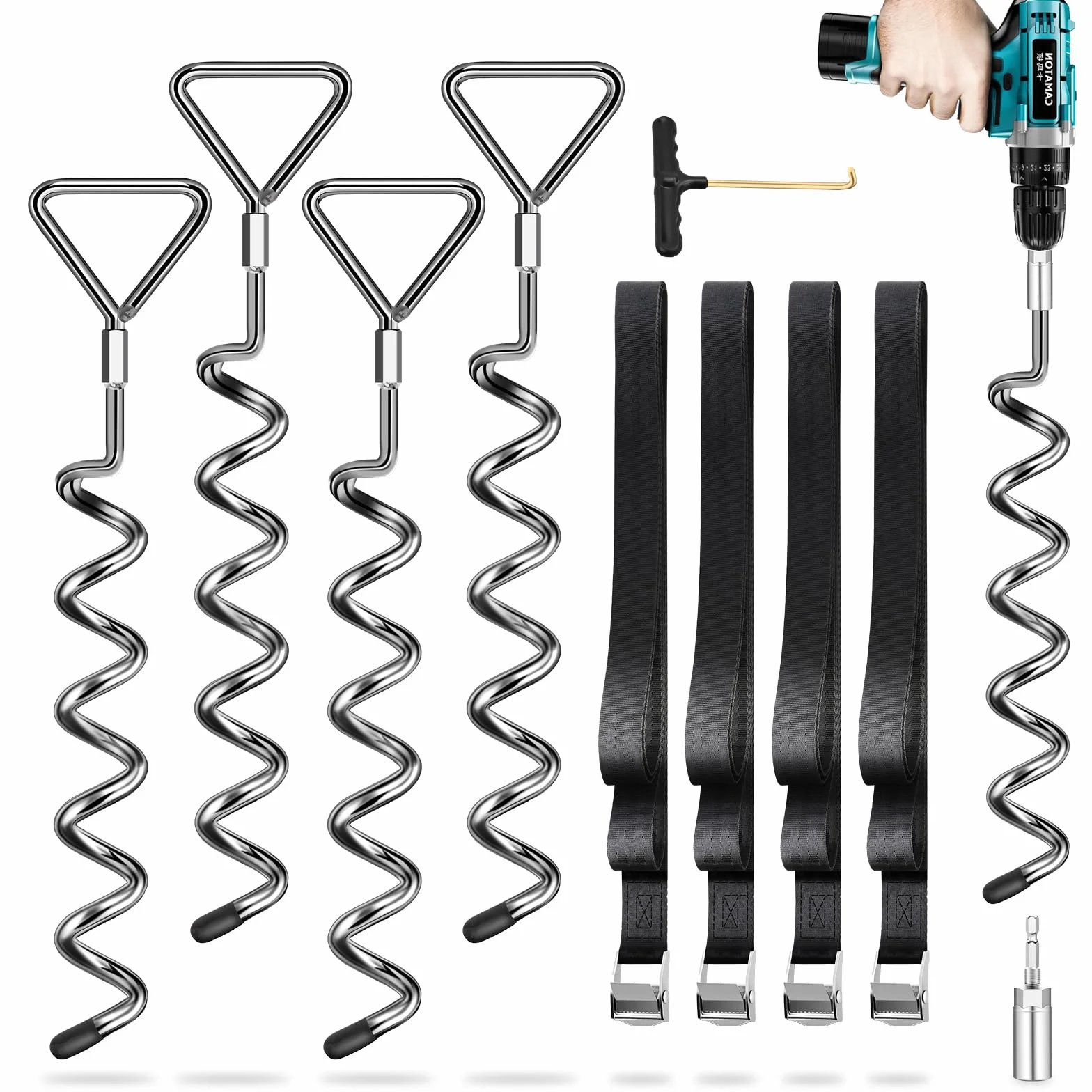Lot de 4 piquets d'ancrage au Sol pour Trampoline – Ancrage au Sol avec 4 Sangles (Longueur 2,5 m) – Les piquets Heavy Duty résistent au Vent élevé, idéal pour Trampoline en Plein air