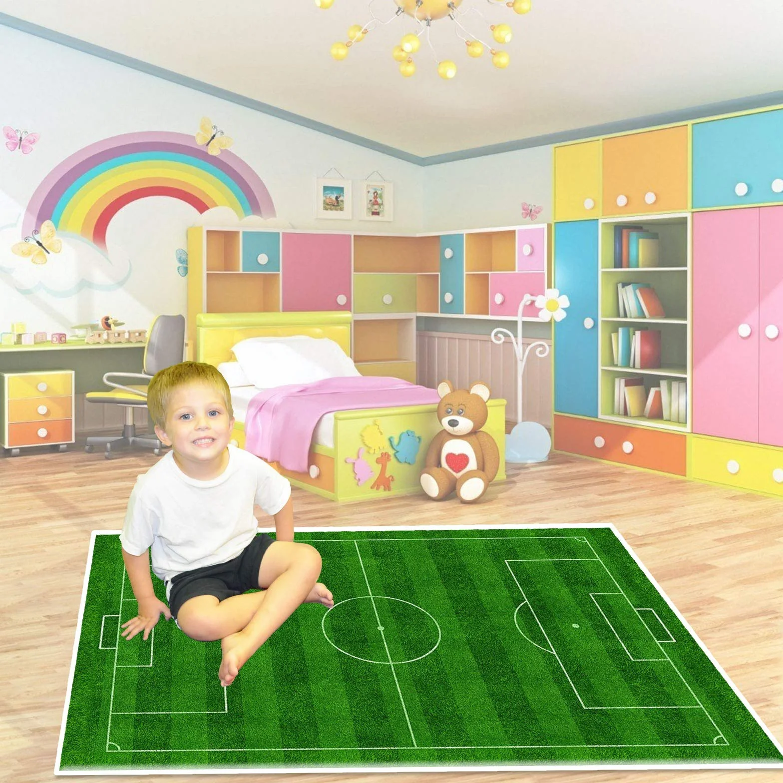 Tapis de Football 100×150cm Vert pour Enfants Salle de Jeu Sportif