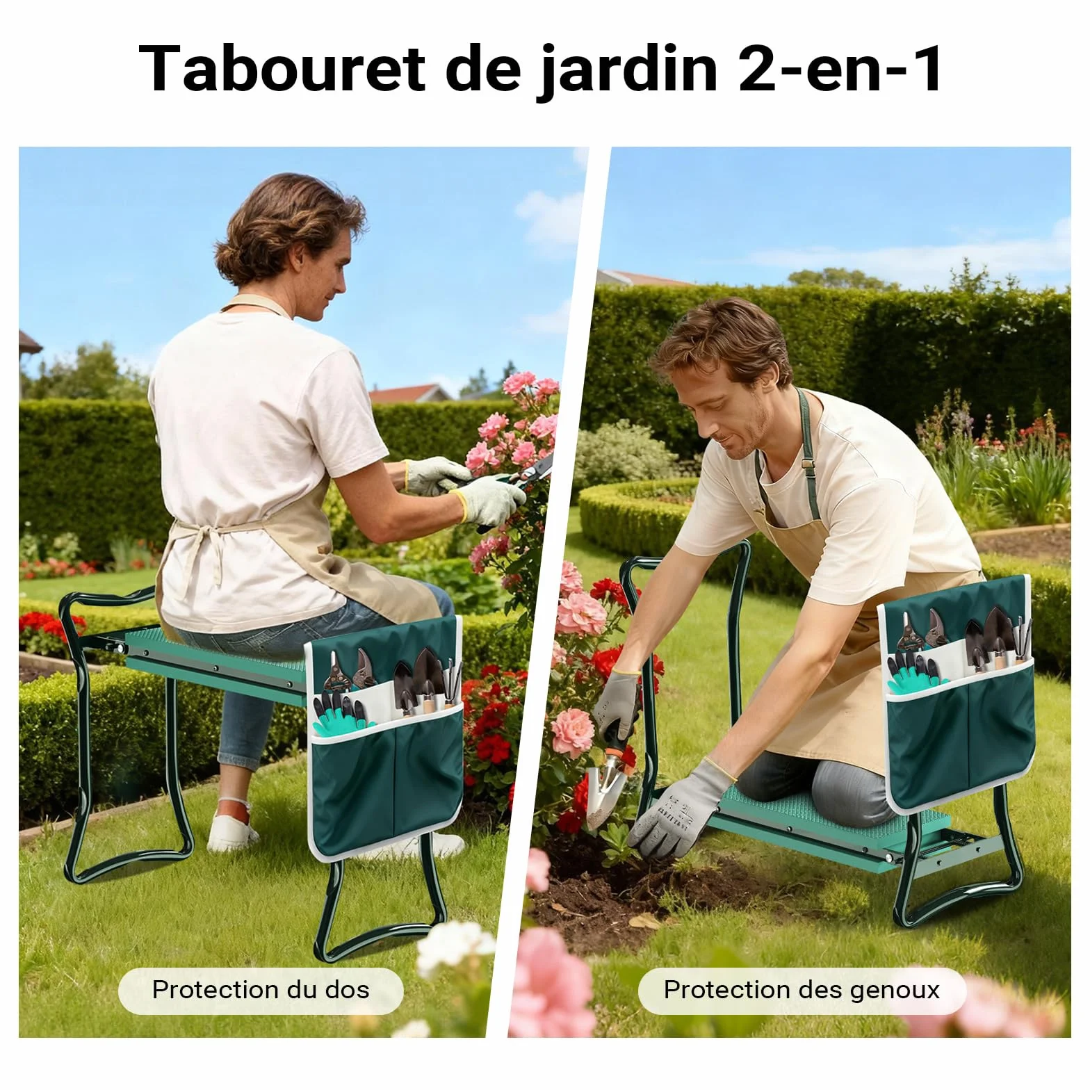 WilTec Tabouret de Jardinier 2 en 1 Pliable 600x280x490 mm 150 kg Fer EVA Agenouilloir Jardinage avec Poche