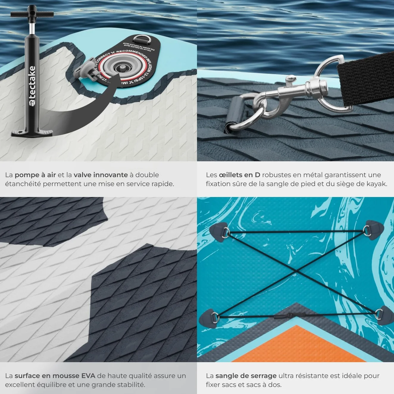 tectake® Planche de Stand-up Paddle Gonflable Adulte 2-en-1, Utilisable comme Kayak, Siege Paddle détachable, Pompe, 3 Ailerons, sac à dos, Pagaie double, Pagaie simple, Accessoires, Charge Max. 200kg