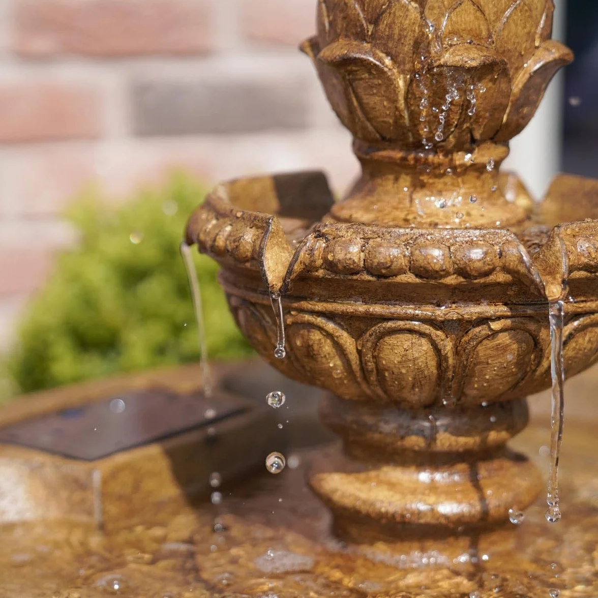 Fontaine solaire de jardin Queensbury 85 cm – Bain d'oiseaux cascade 3 niveaux, effet pierre marron, résine IP44