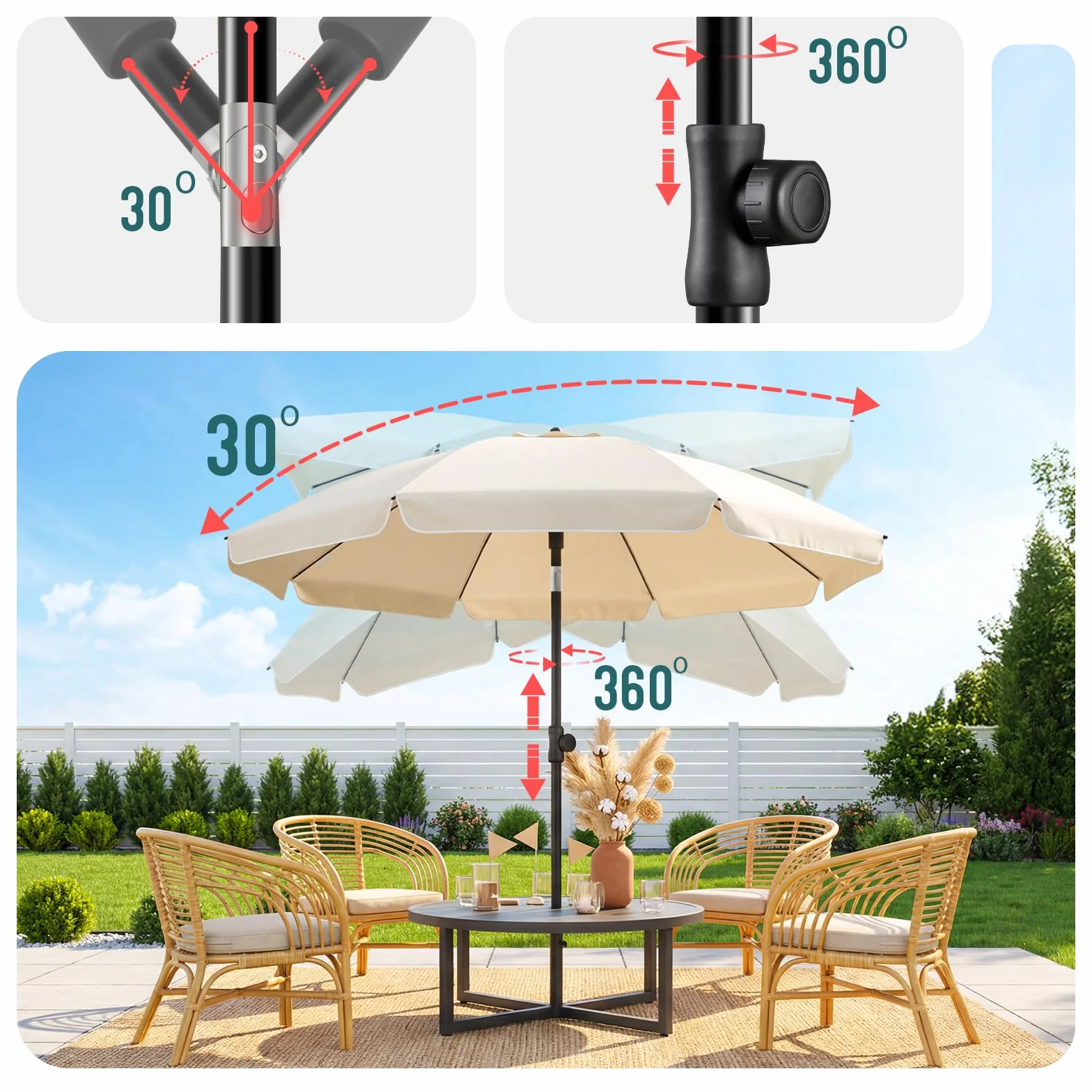 Parasol de Jardin 200cm Inclinable Hauteur Réglable Protection UV 50+ Beige
