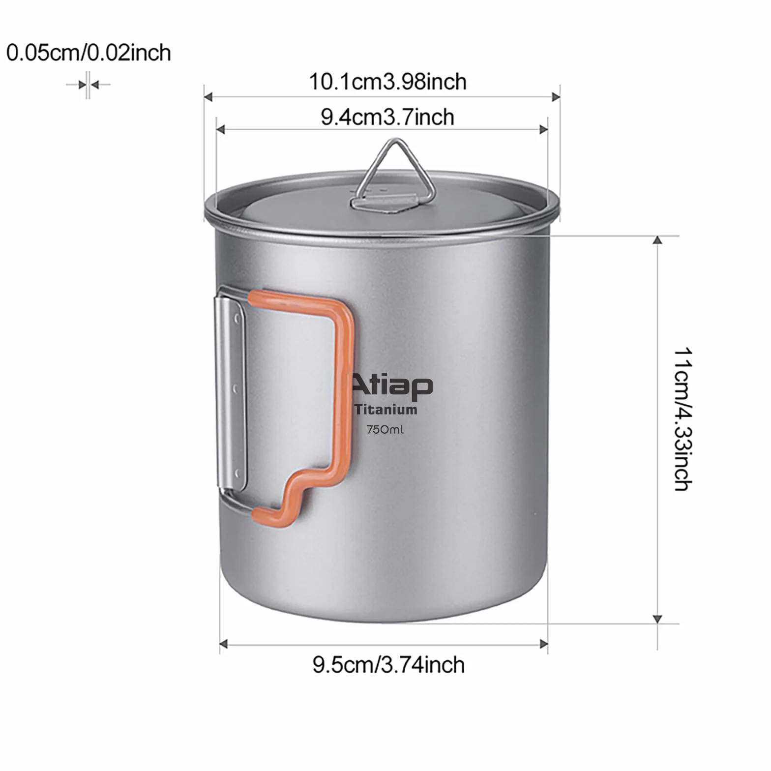 Pot de camping en titane de 750 ml avec couvercle extérieur ultra léger tasses à café portables tasse en titane poignée pliable