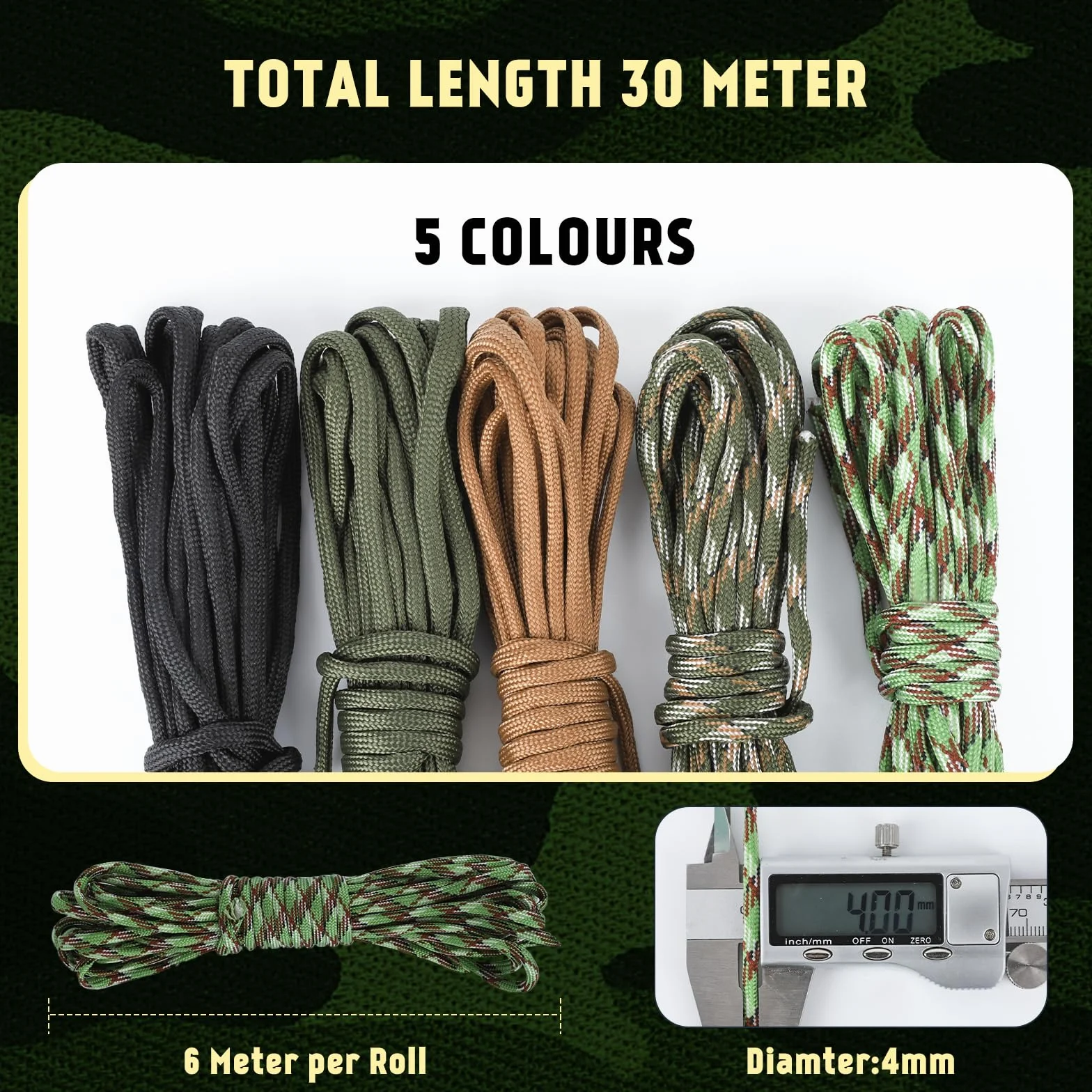 Cozary 5 Couleurs×6m/19ft Paracorde, Cordelette Kit, Paracorde 4mm, Résistante Corde 7 Brins en Nylon, 250kg Charge Maximale, pour Survie en Plein Air, Camping, DIY Bracelet, Longueur Totale 98ft
