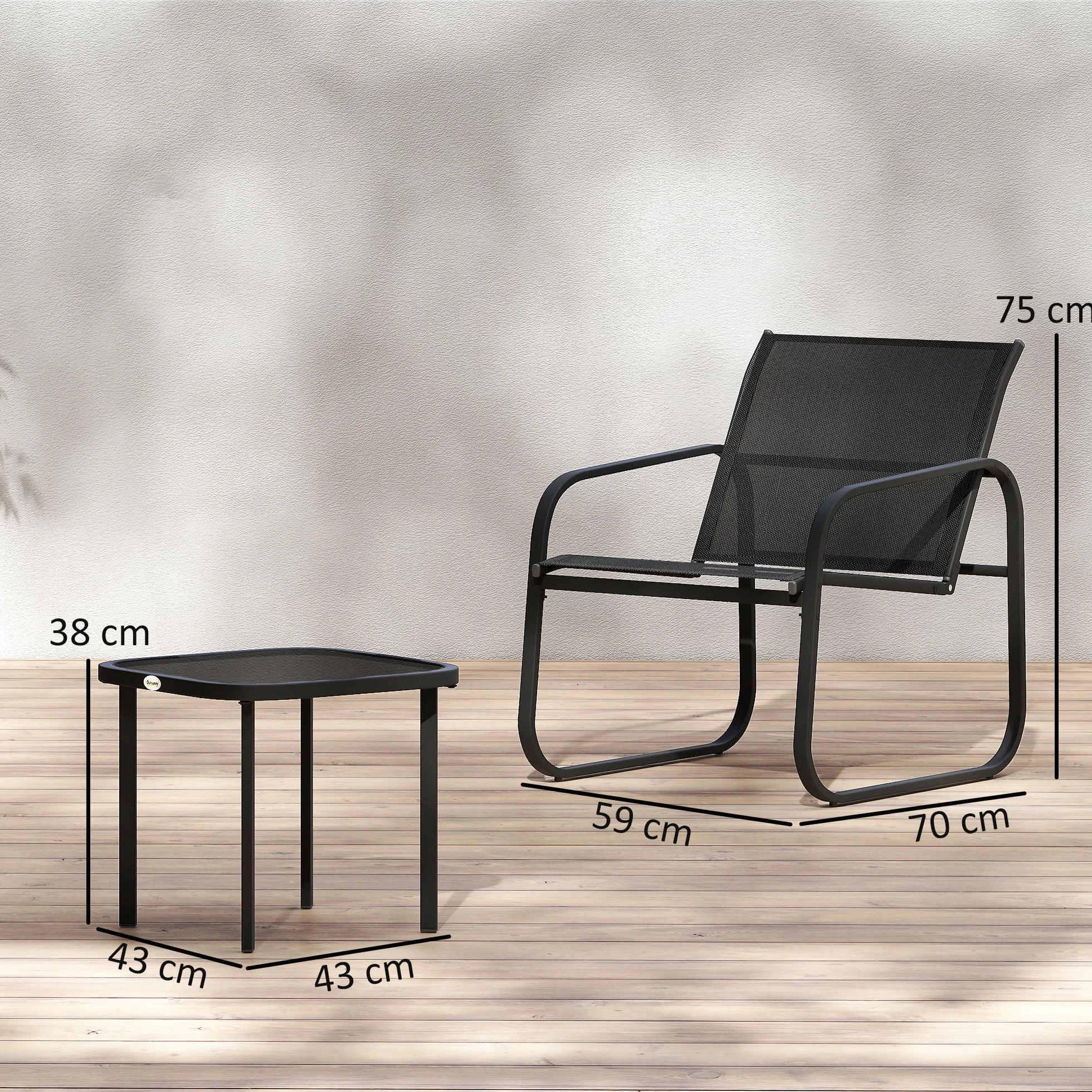 Outsunny Ensemble Bistrot Jardin 3 Pièces, Salon Extérieur 2 Personnes, Chaises Maille Table Basse Verre Trempé Noir
