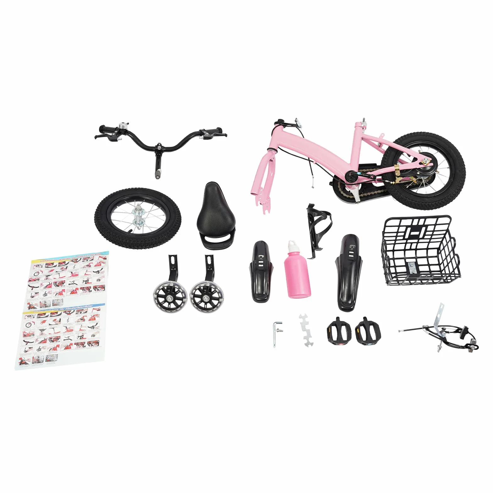 Vélo pour enfant de 12 pouces, avec roues stabilisatrices, panier et bouteille d'eau en rose, pour garçons et filles à partir de 2 à 5 ans, guidon réglable en hauteur, design amélioré avec